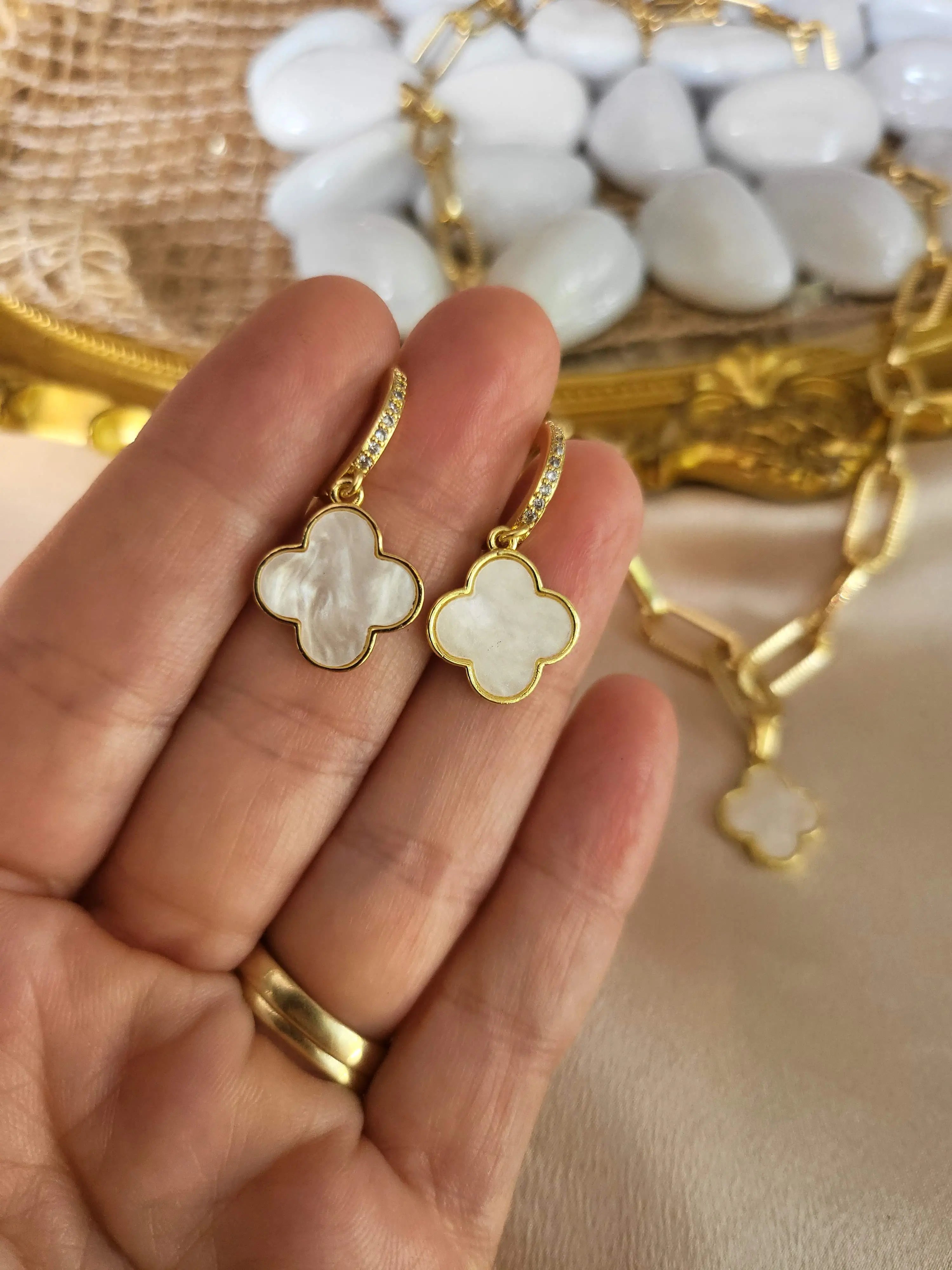 Gold Mother of Pearl Four Clover Earring