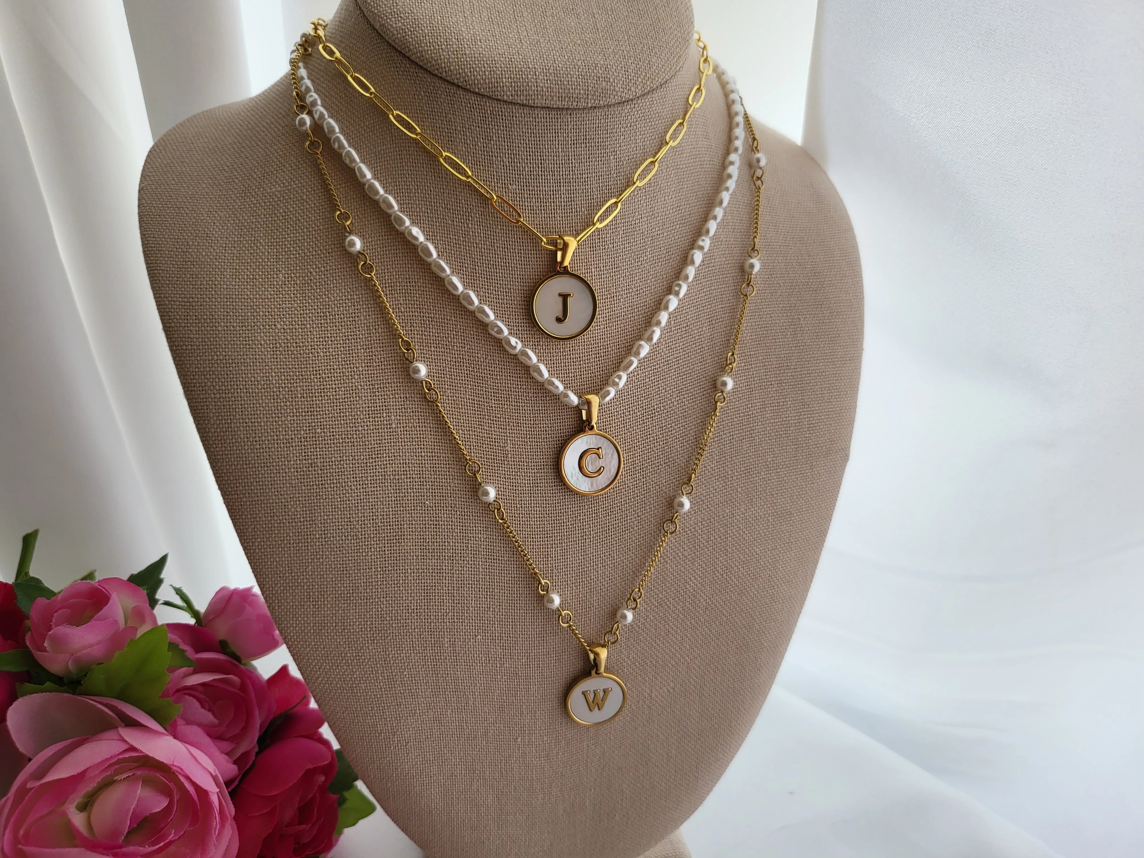 Gold Filled Mother Of Pearl Round  Initial Necklace