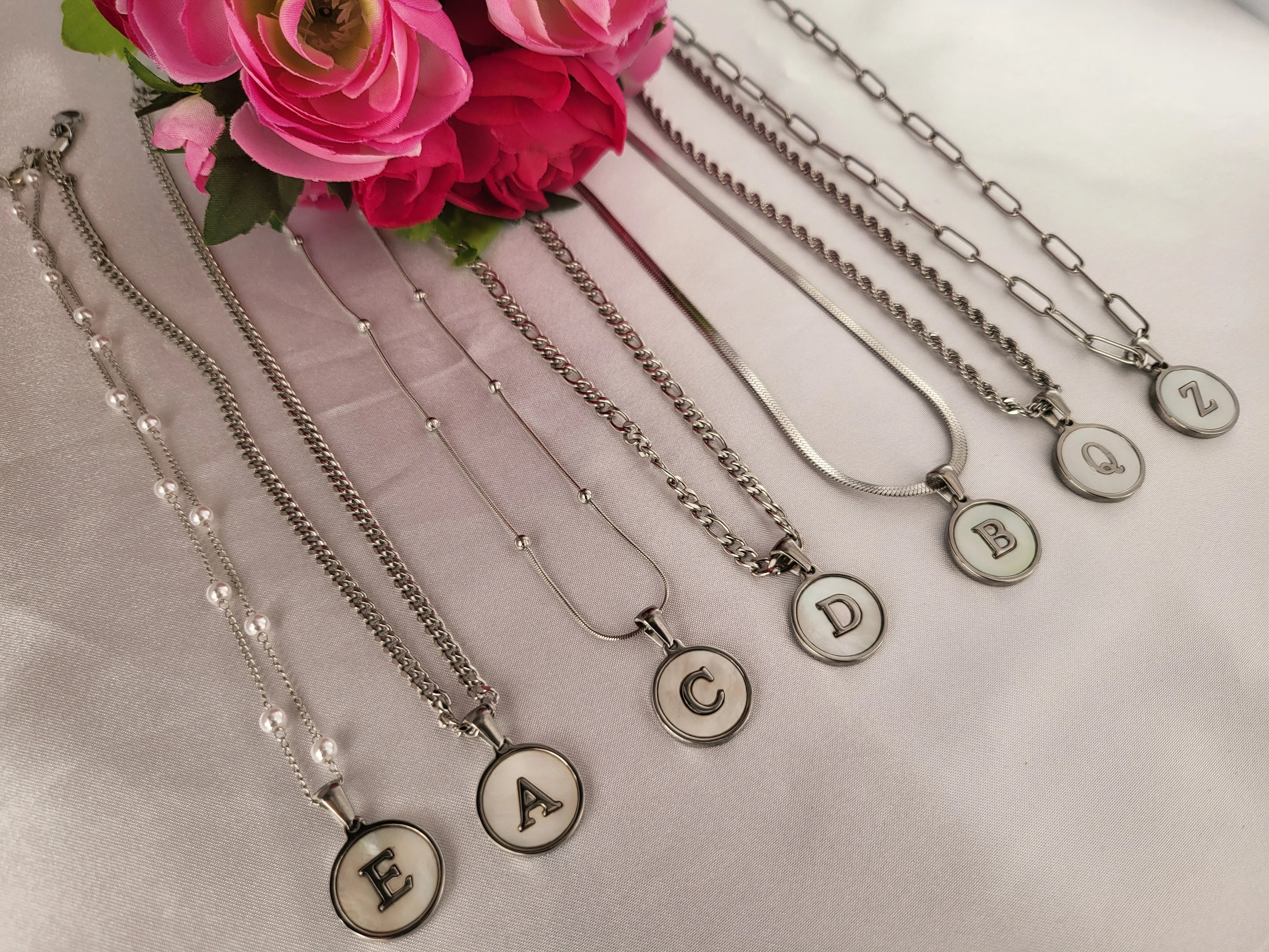 Silver Mother Of Pearl Round Initial Necklace