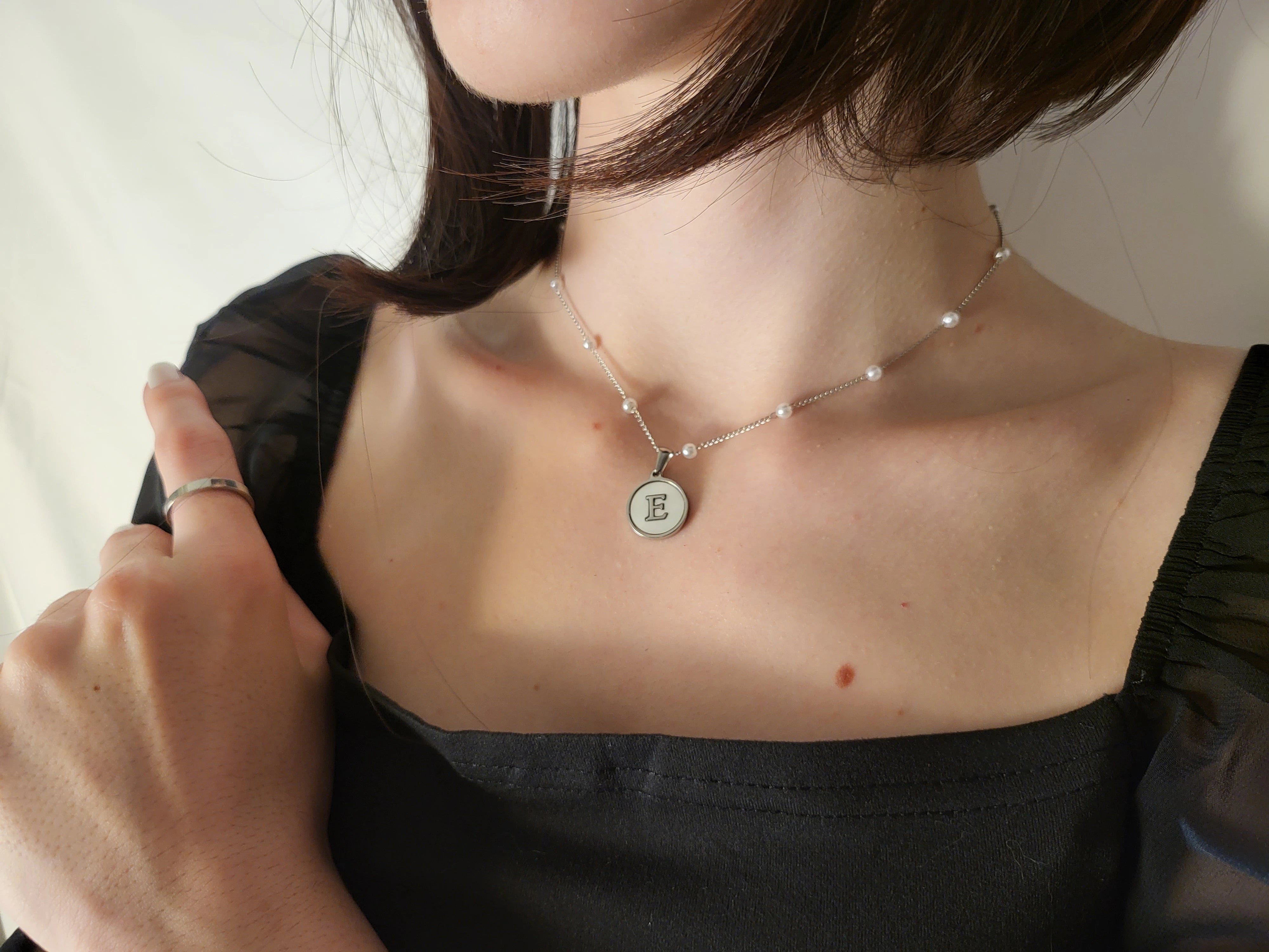 Silver Mother Of Pearl Round Initial Necklace