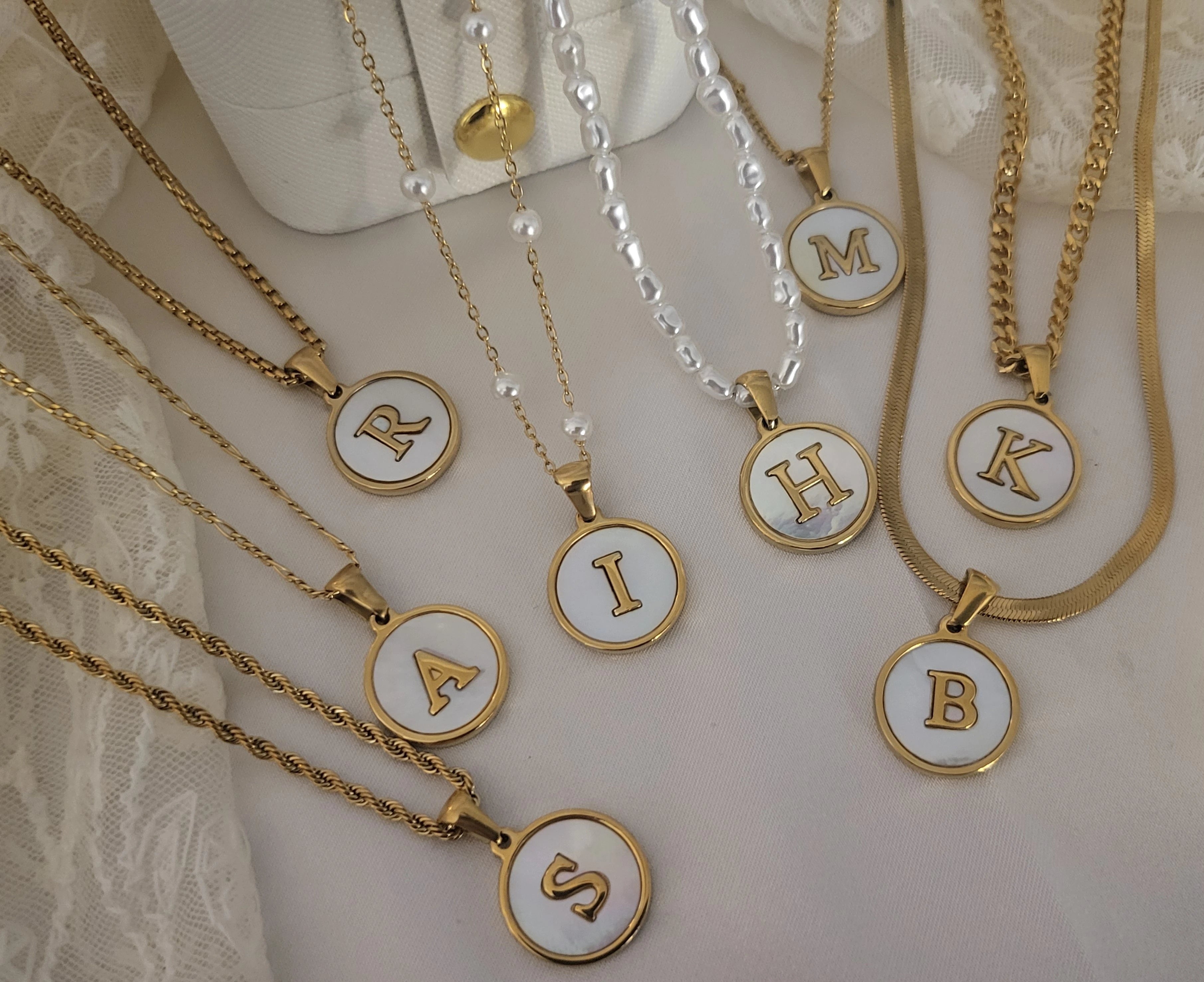 Gold Filled Mother Of Pearl Round  Initial Necklace