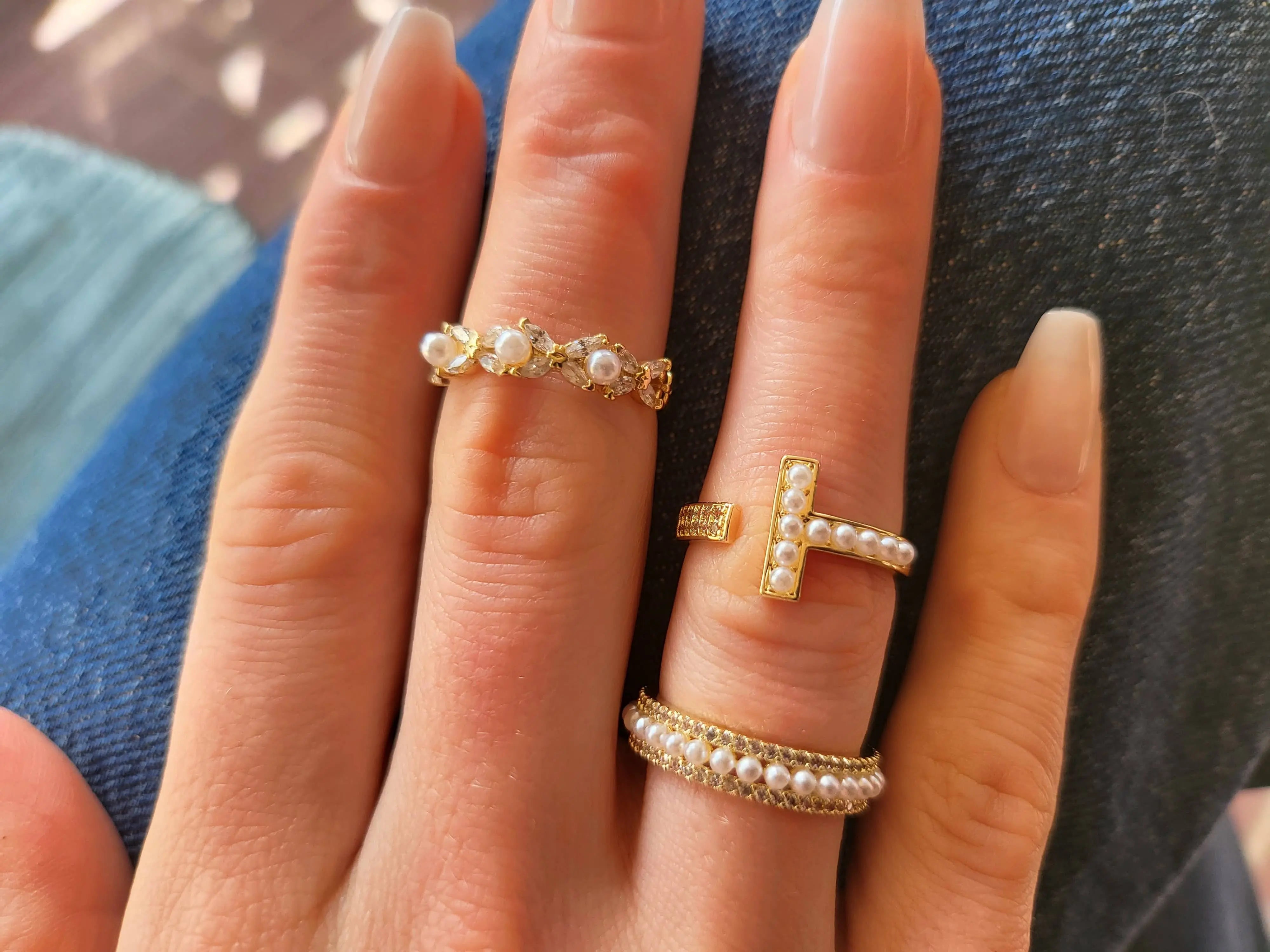 Gold Filled Natural White Mother Of Pearl Adjustable Rings