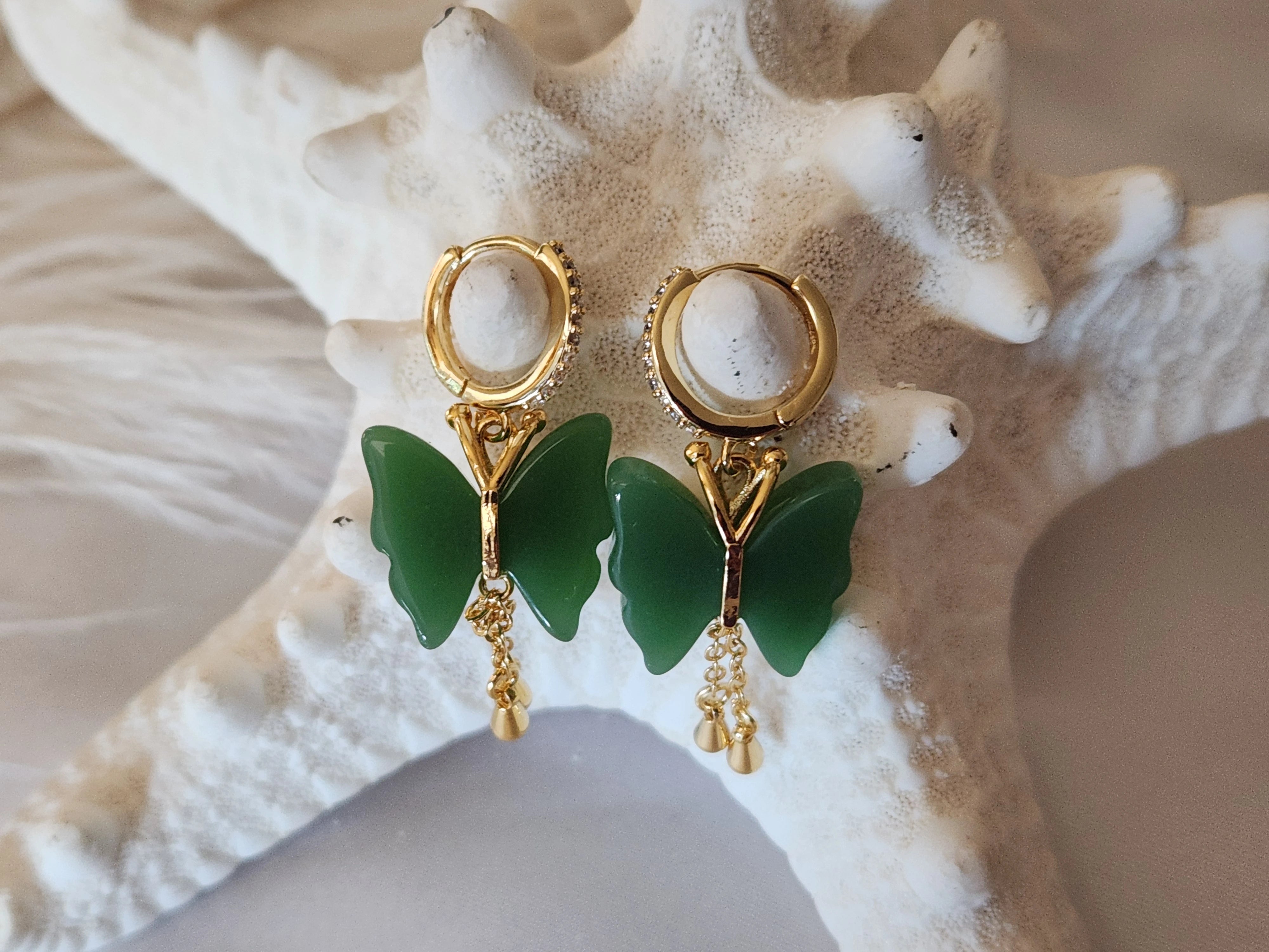 Gold Filled Jade Butterfly Earrings
