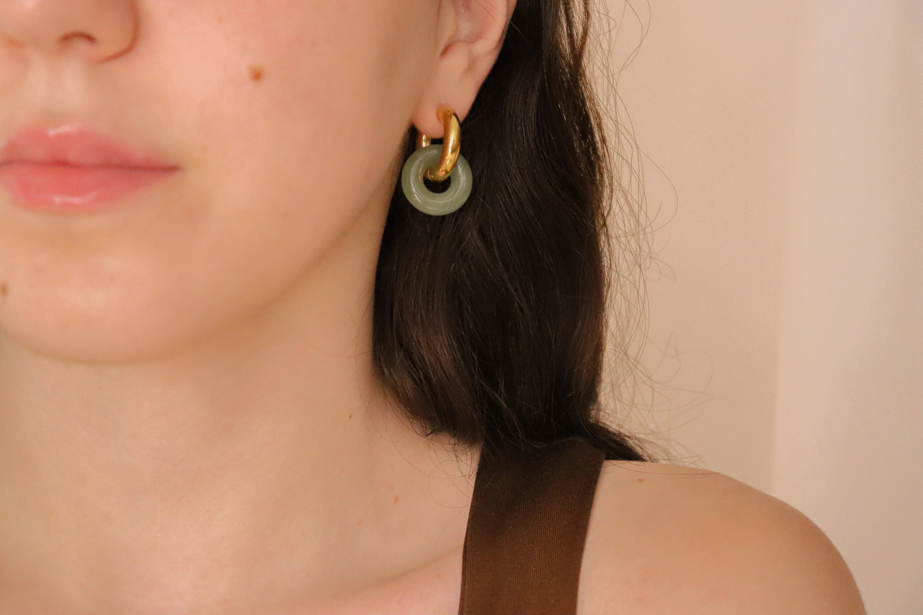 Gold Filled Jade Hoop Earrings