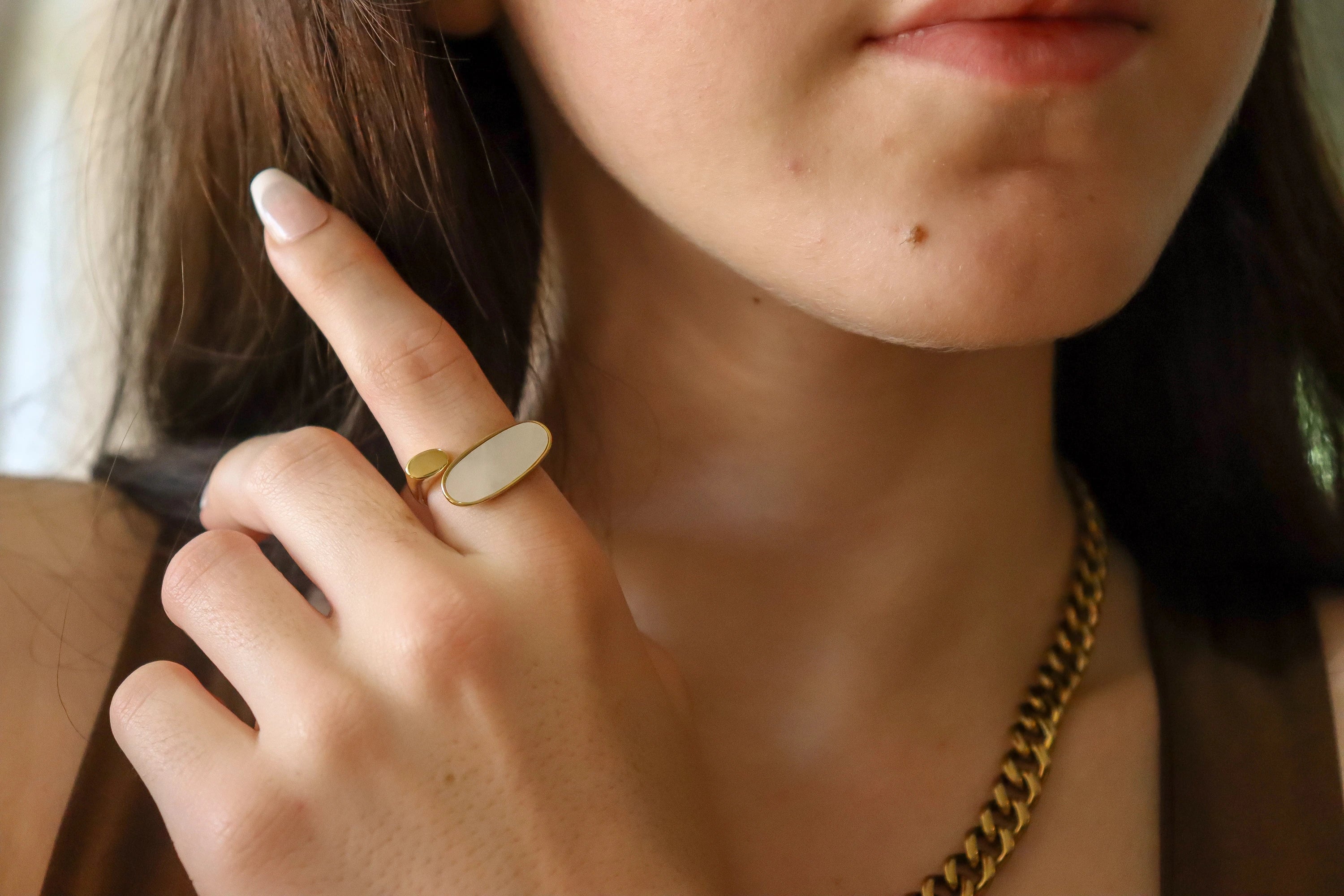 Gold Filled Natural White Mother Of Pearl Signet Rings