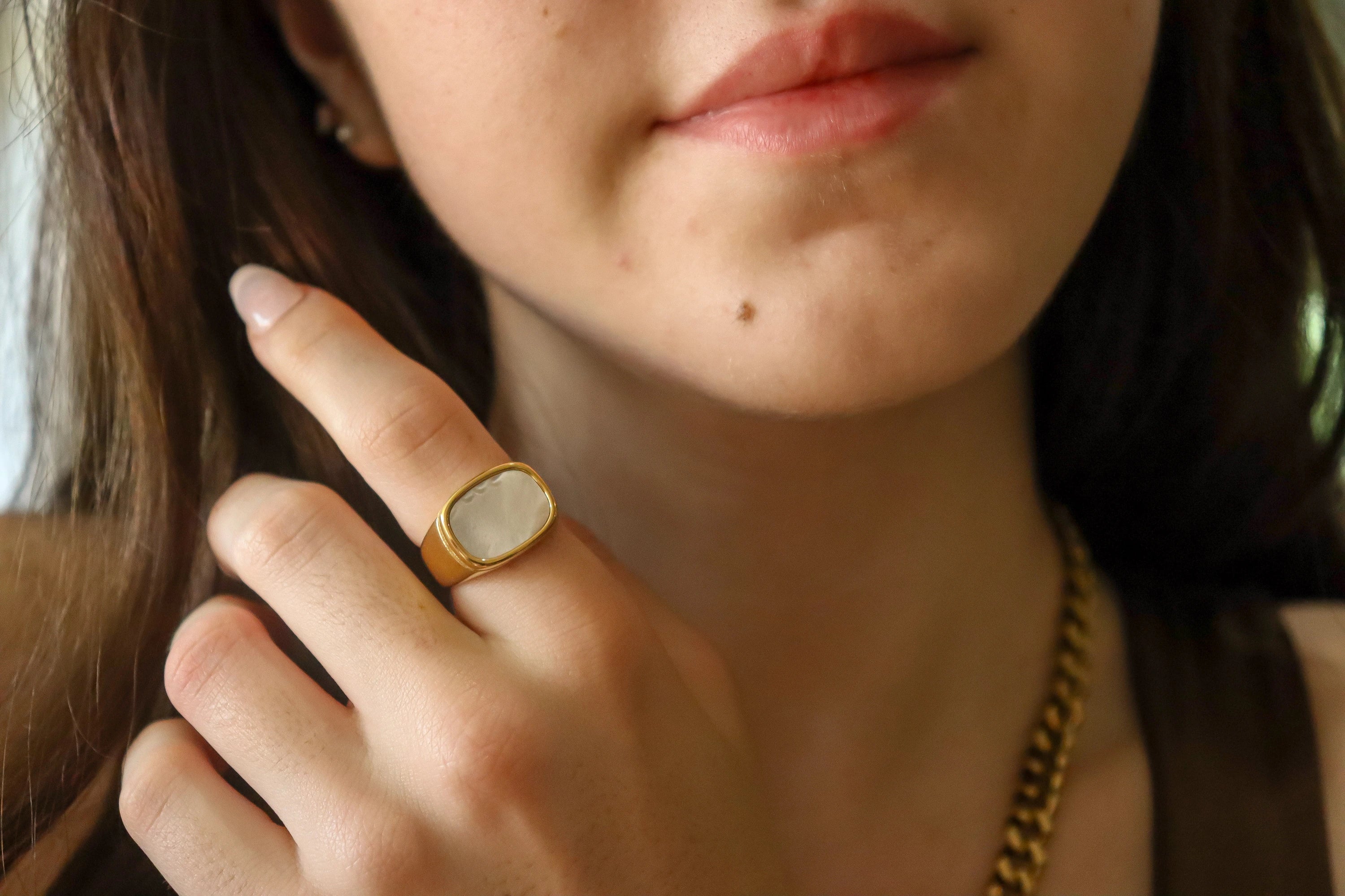 Gold Filled Natural White Mother Of Pearl Signet Rings