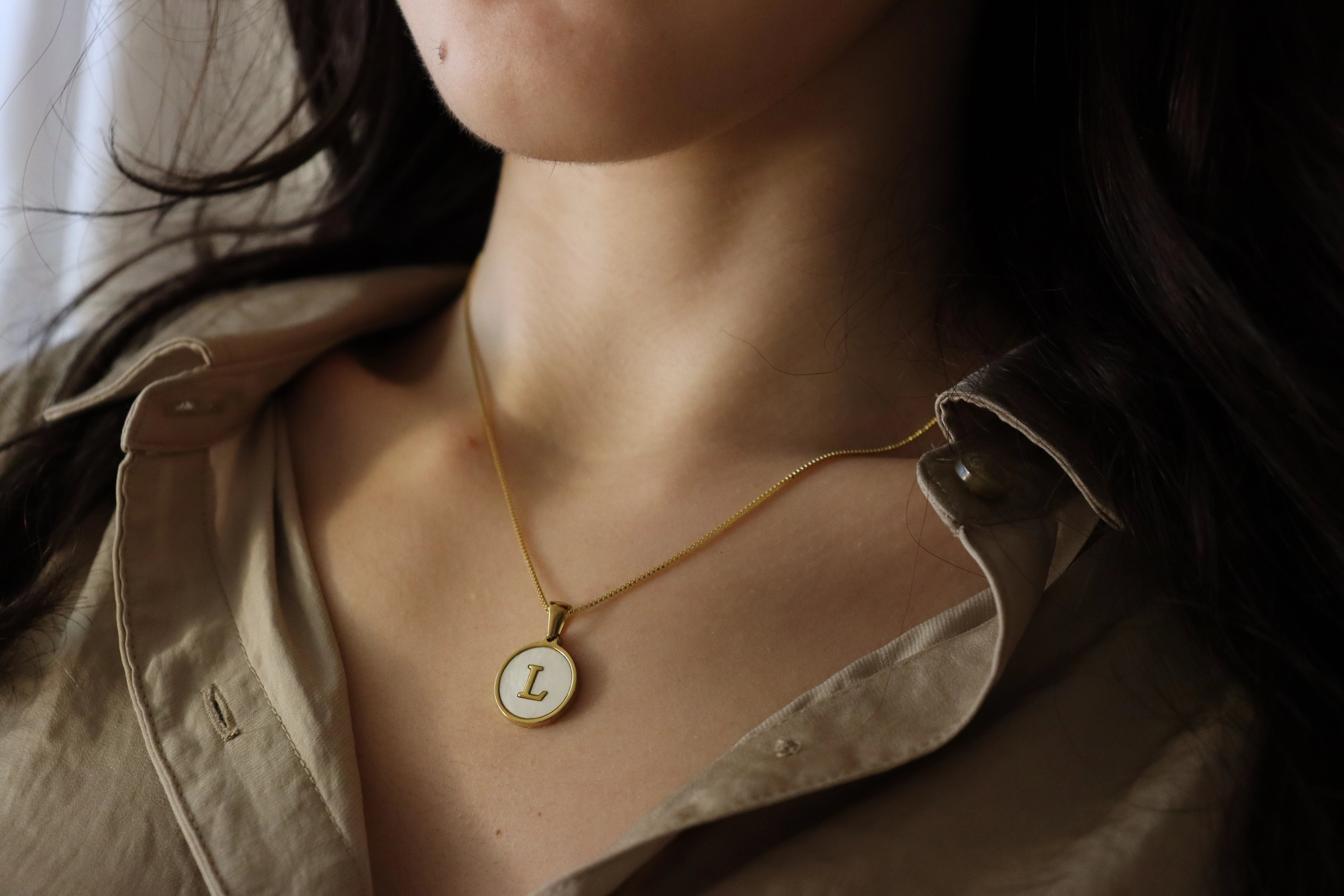 Gold Filled Mother Of Pearl Round  Initial Necklace