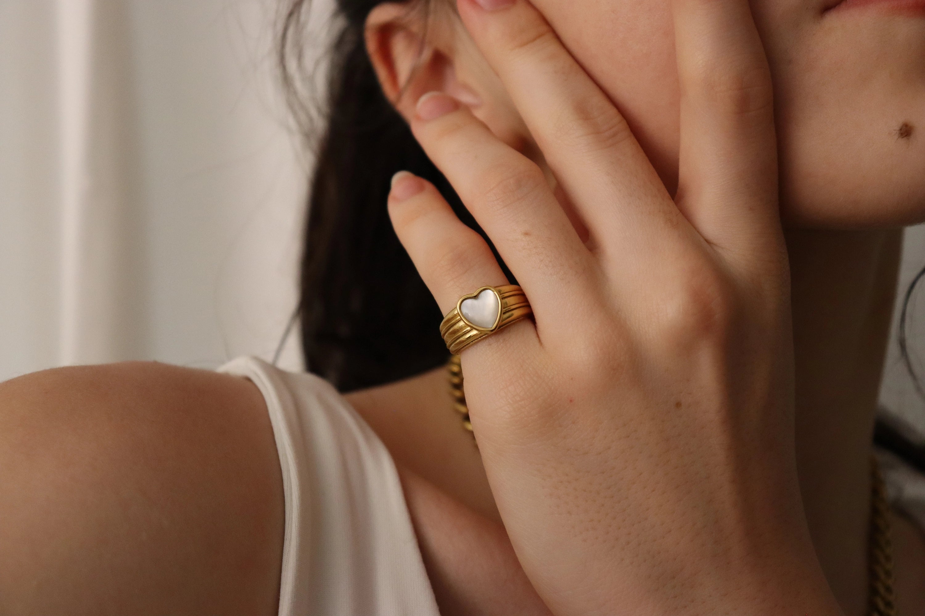 Gold Filled Heart Signet Mother Of Pearl Ring