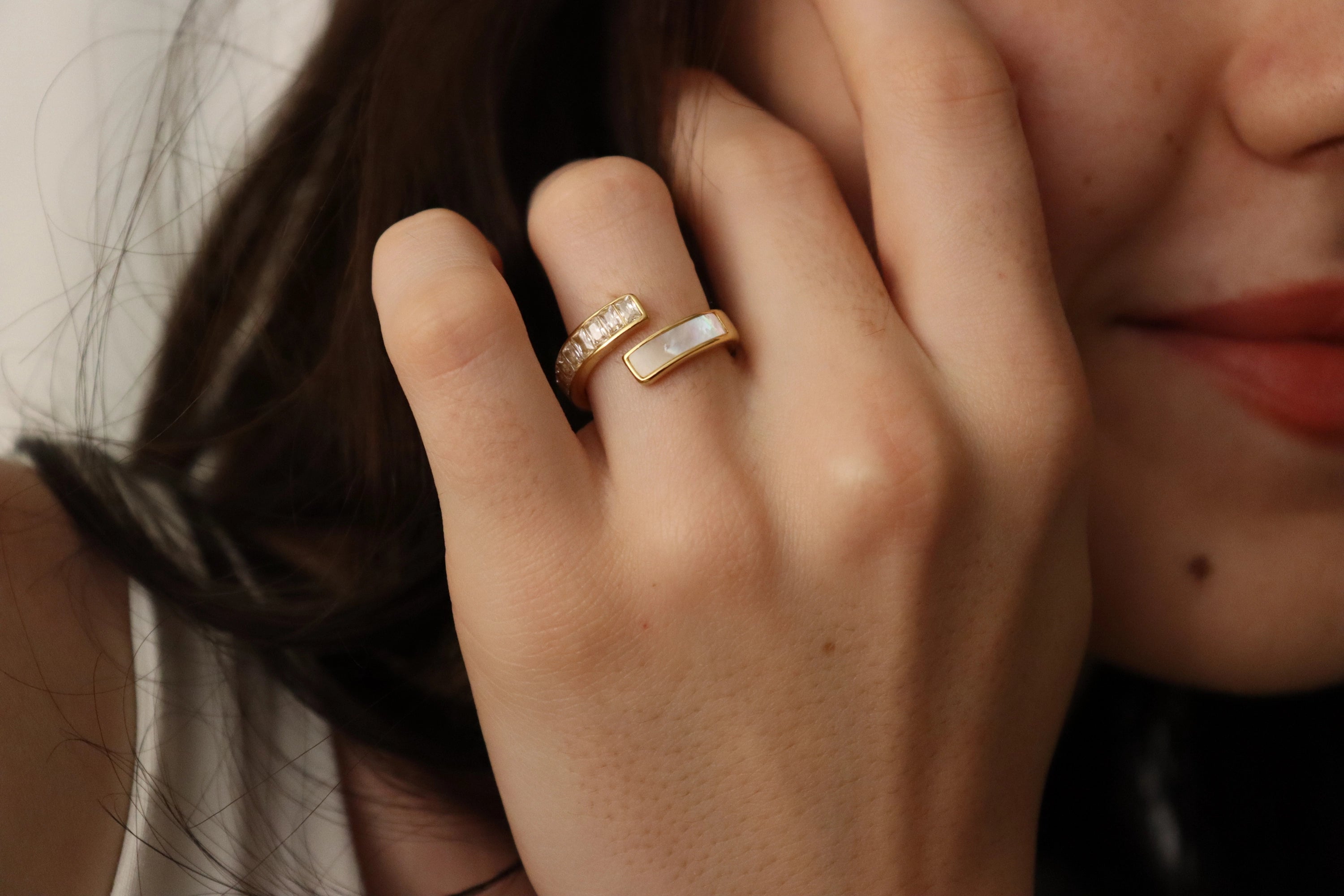 Gold Filled Half White Pearl Half Zircon Ring