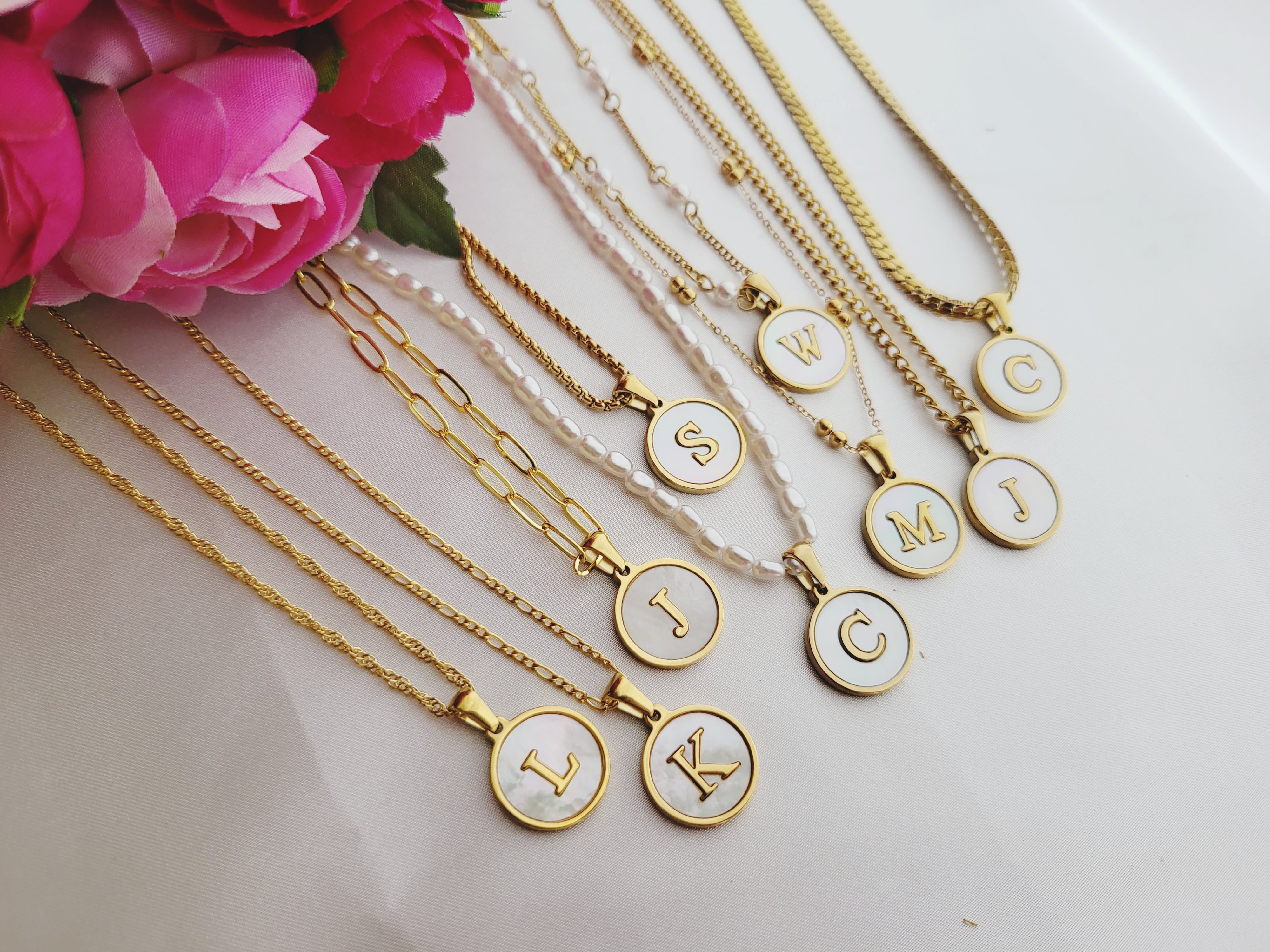Gold Filled Mother Of Pearl Round  Initial Necklace