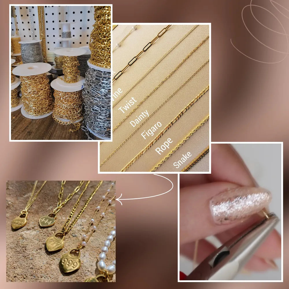 An image showcasing multiple different steps in handmade jewelry making process. Smaller image for mobile.