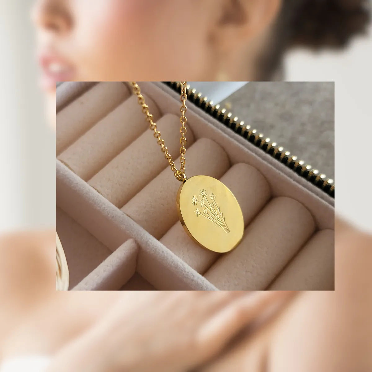 An image showcasing a gold handmade necklace pendant with a plant engraved on top, showcasing the customizable aspect of handmade jewelry.