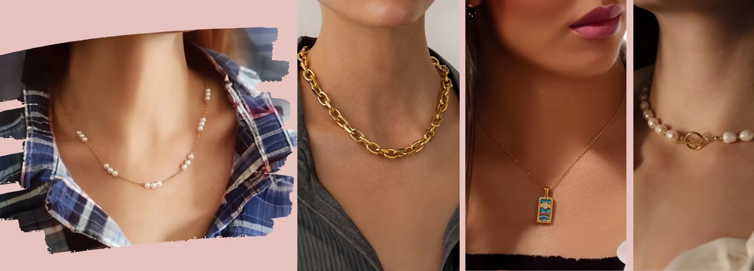 Image showcasing collection of handmade gold jewelry necklaces. First and last ones are different variations of pearl necklaces, 2nd one is a thick gold chain, 3rd one is a special tarot character necklace.