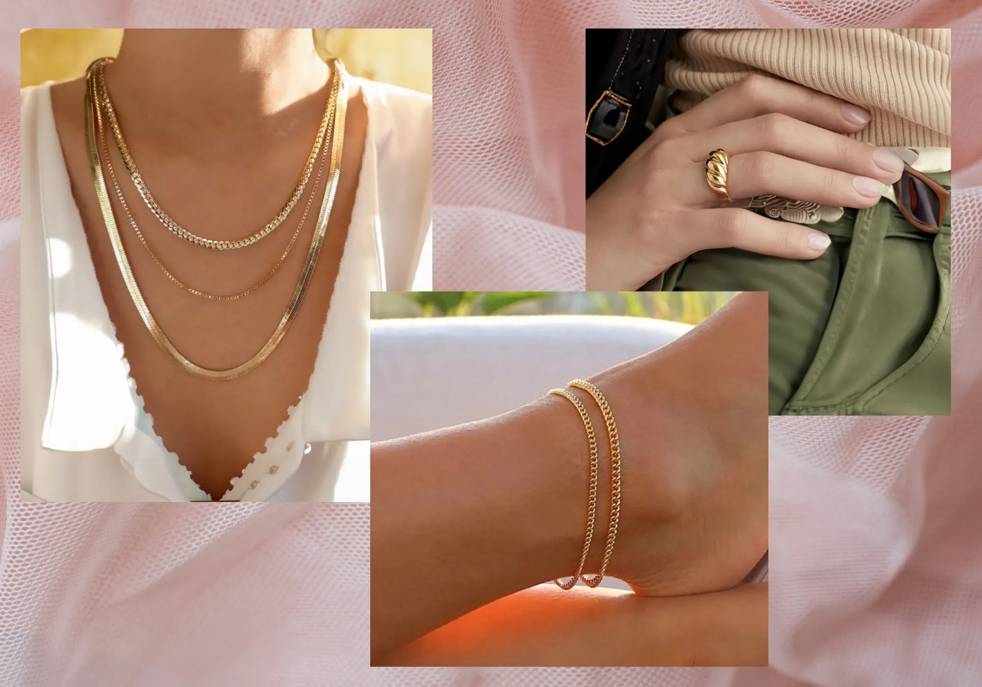 Image showcasing 3 different women wearing different pieces of Rosa Bianco handmade jewelry. First one from the left wears different types of gold chains in varying lengths, 2nd one showcases a permanent anklets, and the third one showcases a woman wearing a handmade gold ring.