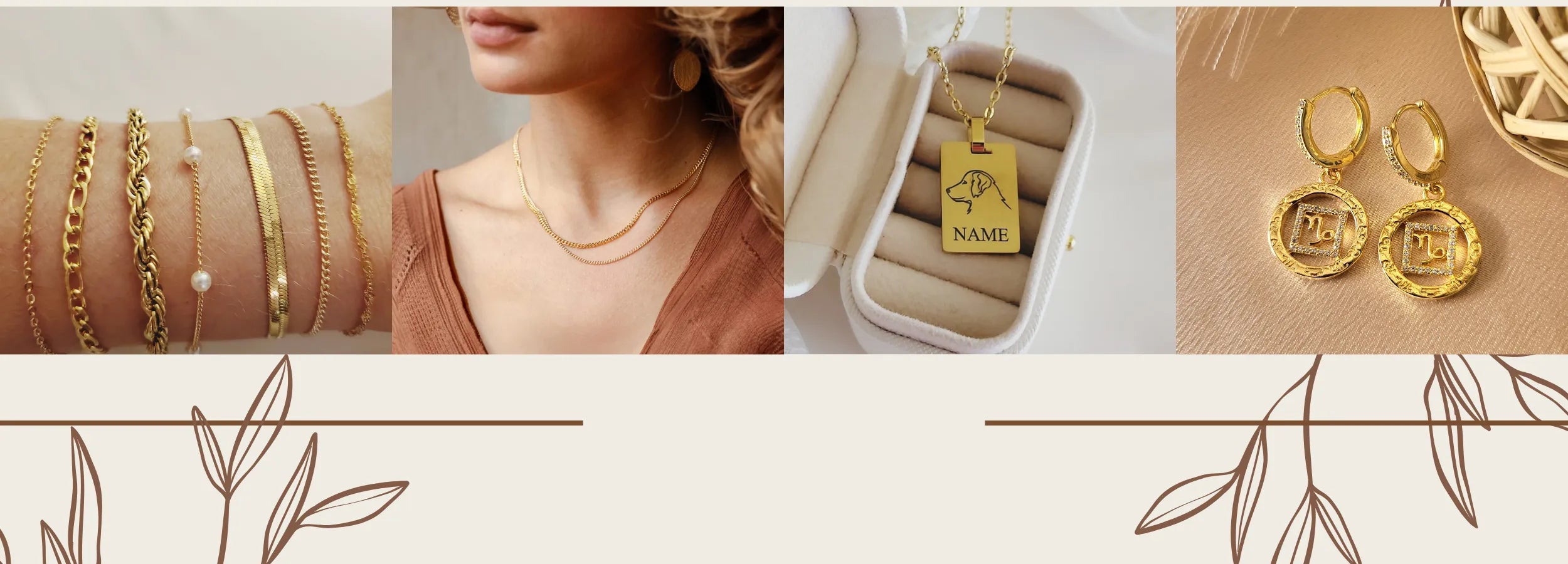 A picture of collection of customized handmade jewelry. From the left, women wearing different permanent bracelets, women wearing different type of chains, a dog figure on a custom made necklace, and customized dangle gold earrings.