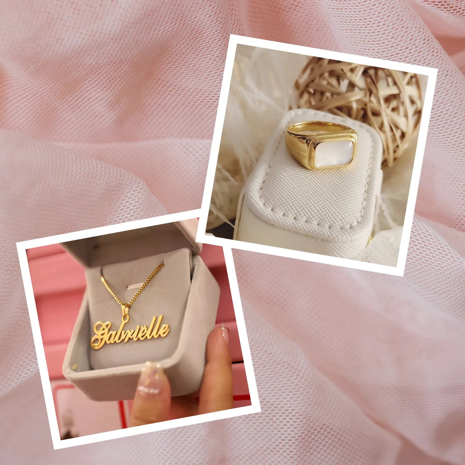 An image collection showcasing a customizable name necklace, gold and handmade jewelry. Second one is a gold opal ring.