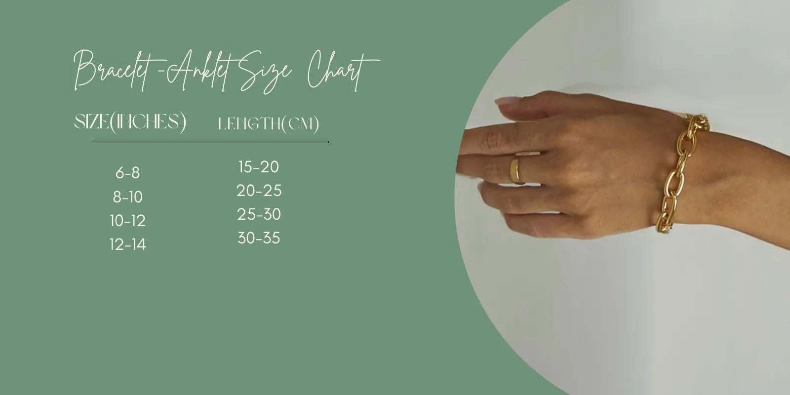 Image showcasing different size options for anklets and bracelets. It showcases a table with different options from 6-8 Inches to 12-14 inches in 2 inches increments along with cm version of measurements.