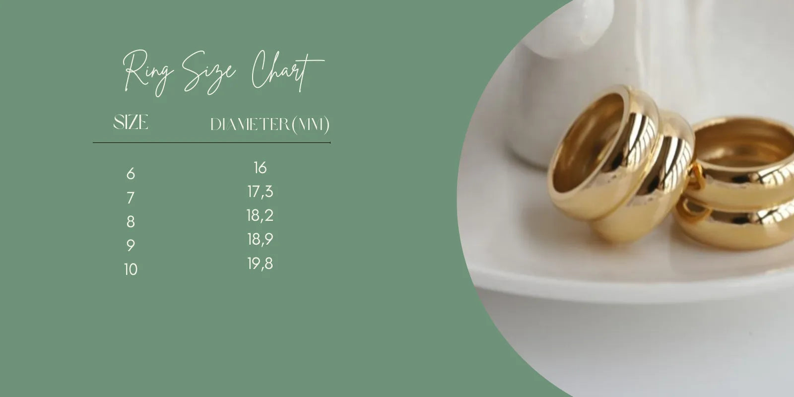 Image showcasing different size ring options. It showcases a table with different options from 6 to 10 inches in 1 inch increments along with cm version of measurements.