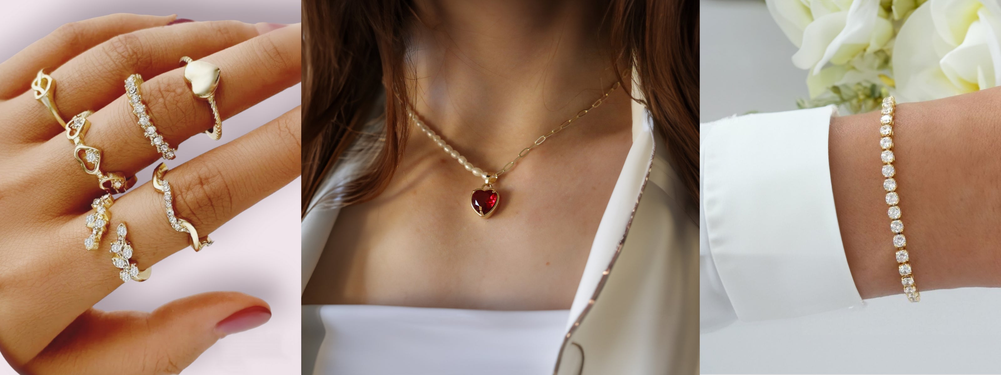 Display of handmade gold jewelry. First column shows hard jewelry rings, second column shows charming charms jewelry and third shows personalized beaded bracelets.