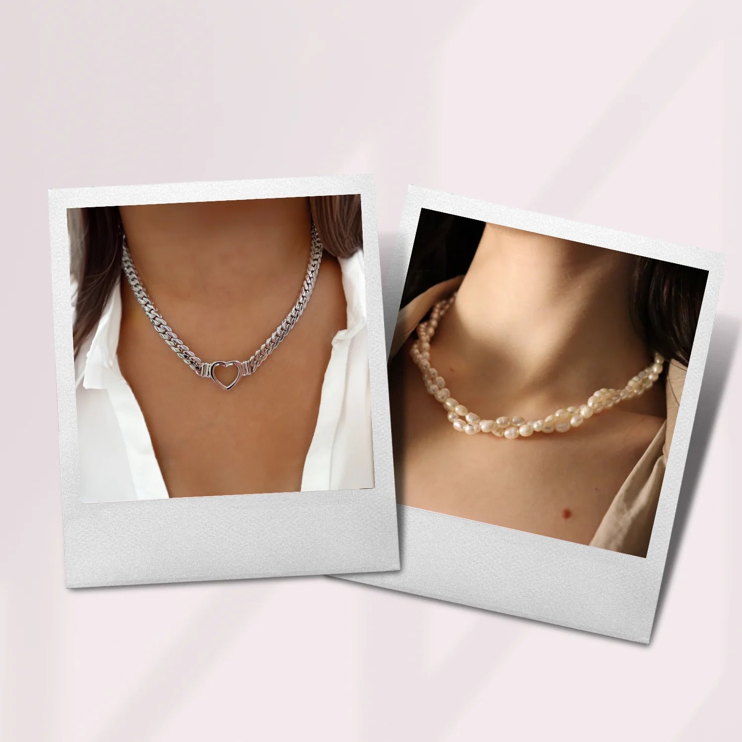 2 pictures of women wearing heart shaped silver necklace and pearl necklace. Represents jewelry pieces under $100.