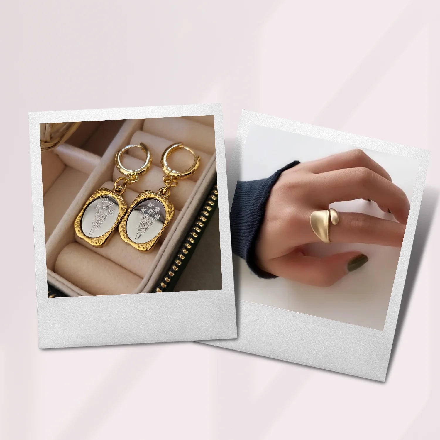 Pictures of jewelry pieces under $30. On the left is the tarot earrings, on the right it's woman wearing an amorph shaped gold ring.