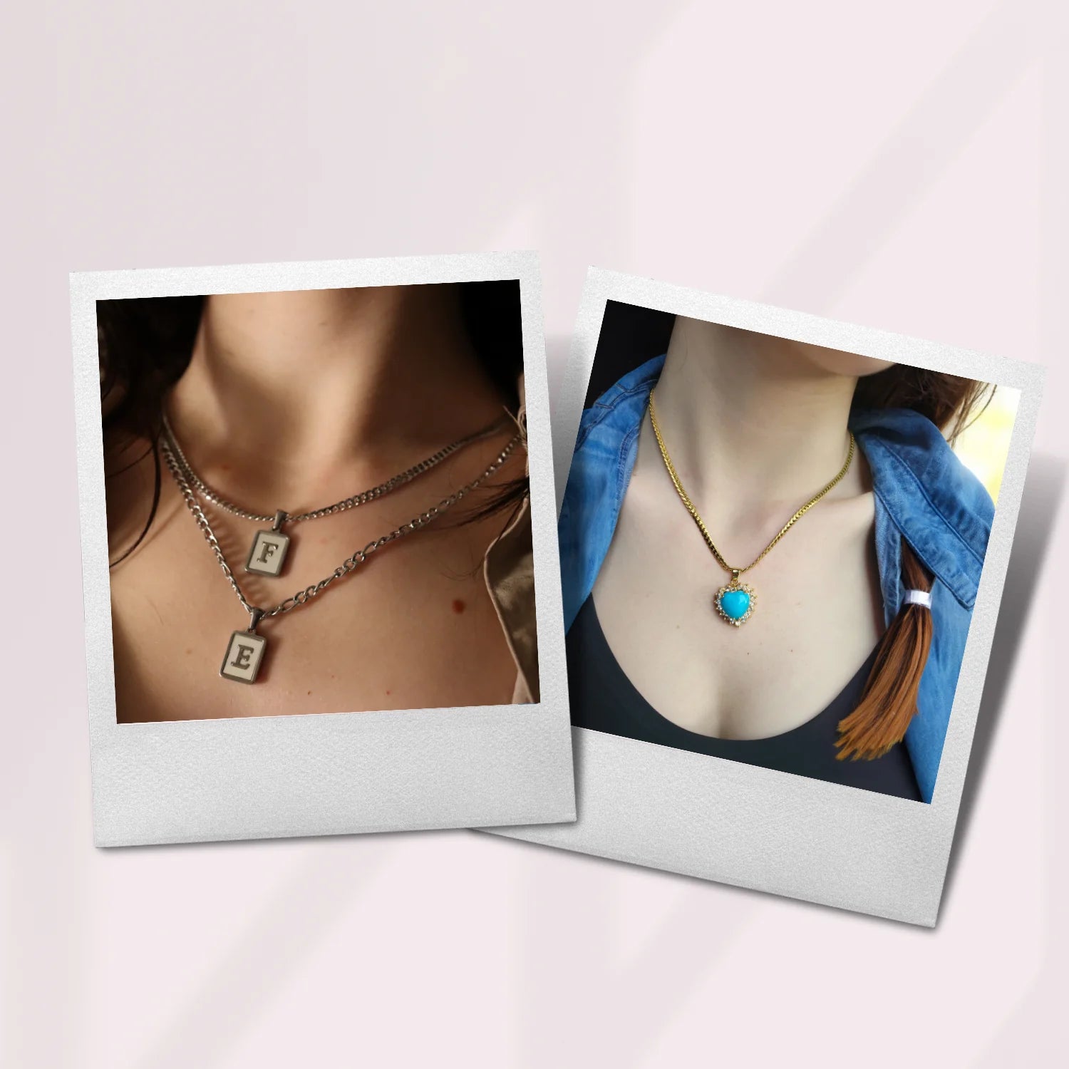 Pictures of 2 women wearing necklaces. On the left is the custom initial necklace, on the right it's heart shaped jade necklace. Image represents jewelry pieces under $50.