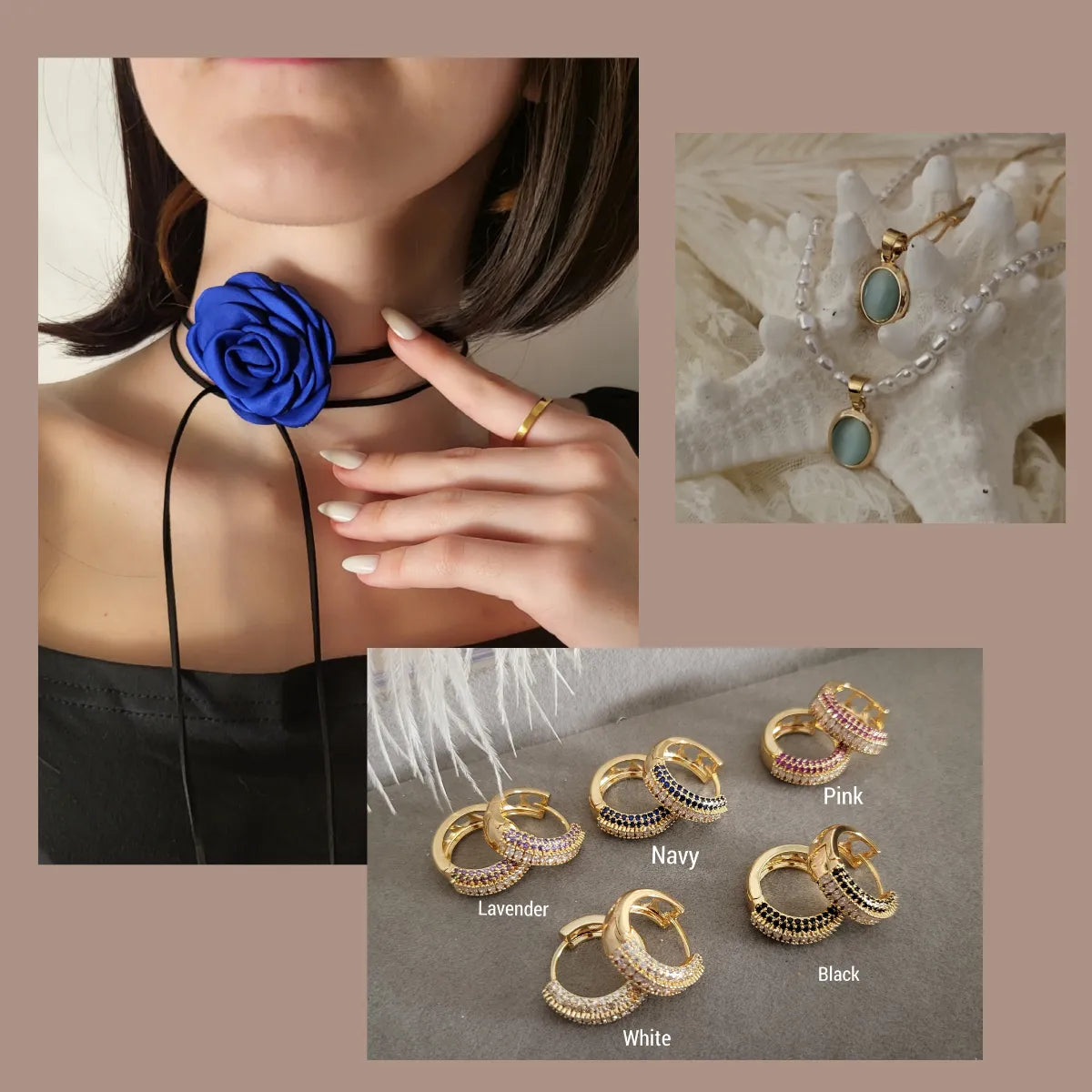 An elegant selection of handmade jewelry items. Represent 3 products. 1st is the Rose ribbon necklace, 2nd is the thelma opal necklace and 3rd is the cz colorful hoops.