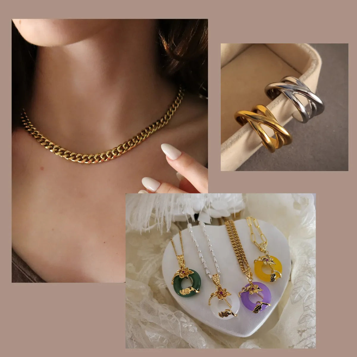 A charming selection of handmade jewelry items. Represent 3 products. 1st is the Cuban necklace, 2nd is geometric crossed line rings and 3rd is jade circle necklaces.