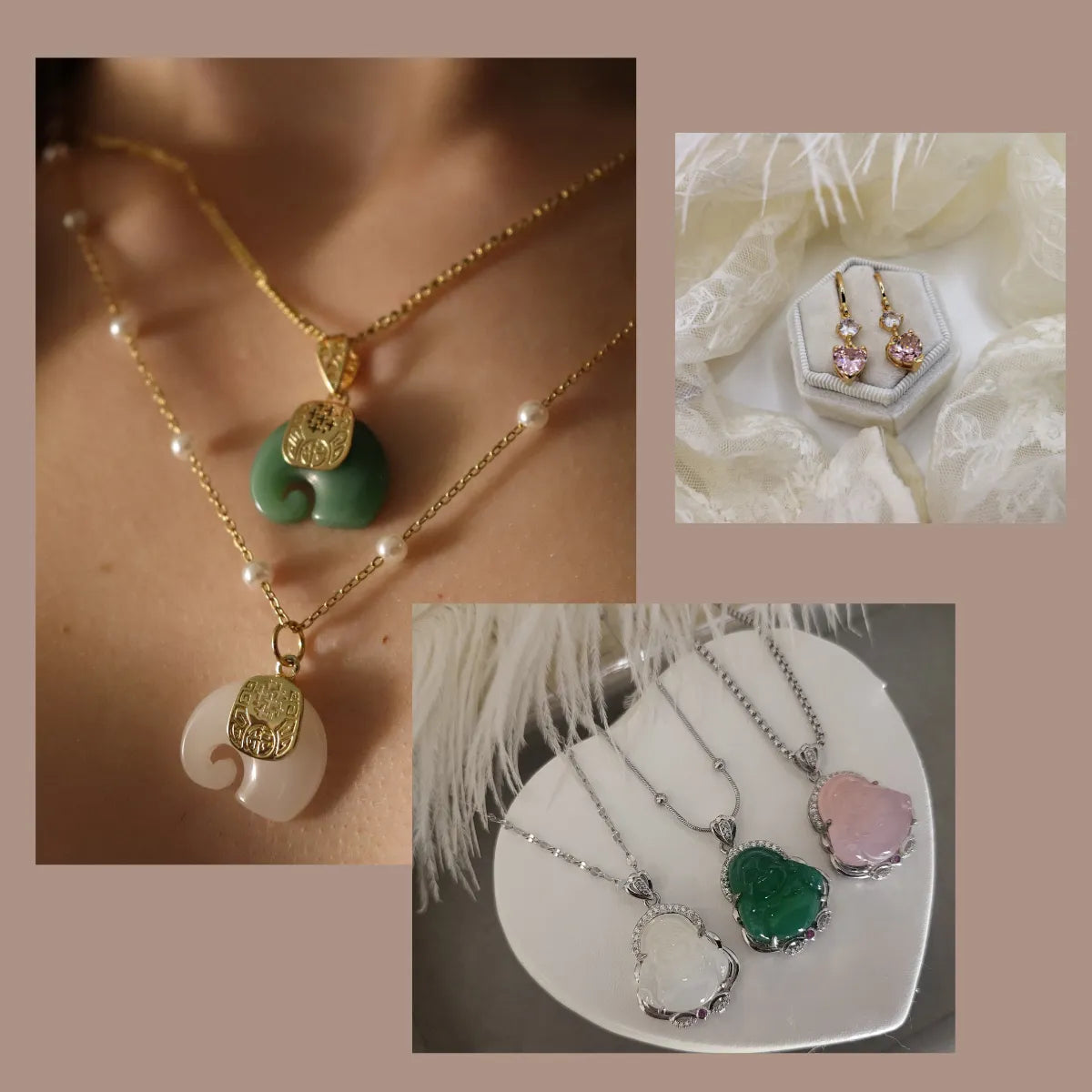 An elegant selection of handmade jewelry items. Represent 3 products. 1st is the jade elephant necklaces in both green and white color, 2nd is the heart shaped dangle earrings and 3rd is the jade buddha necklaces.