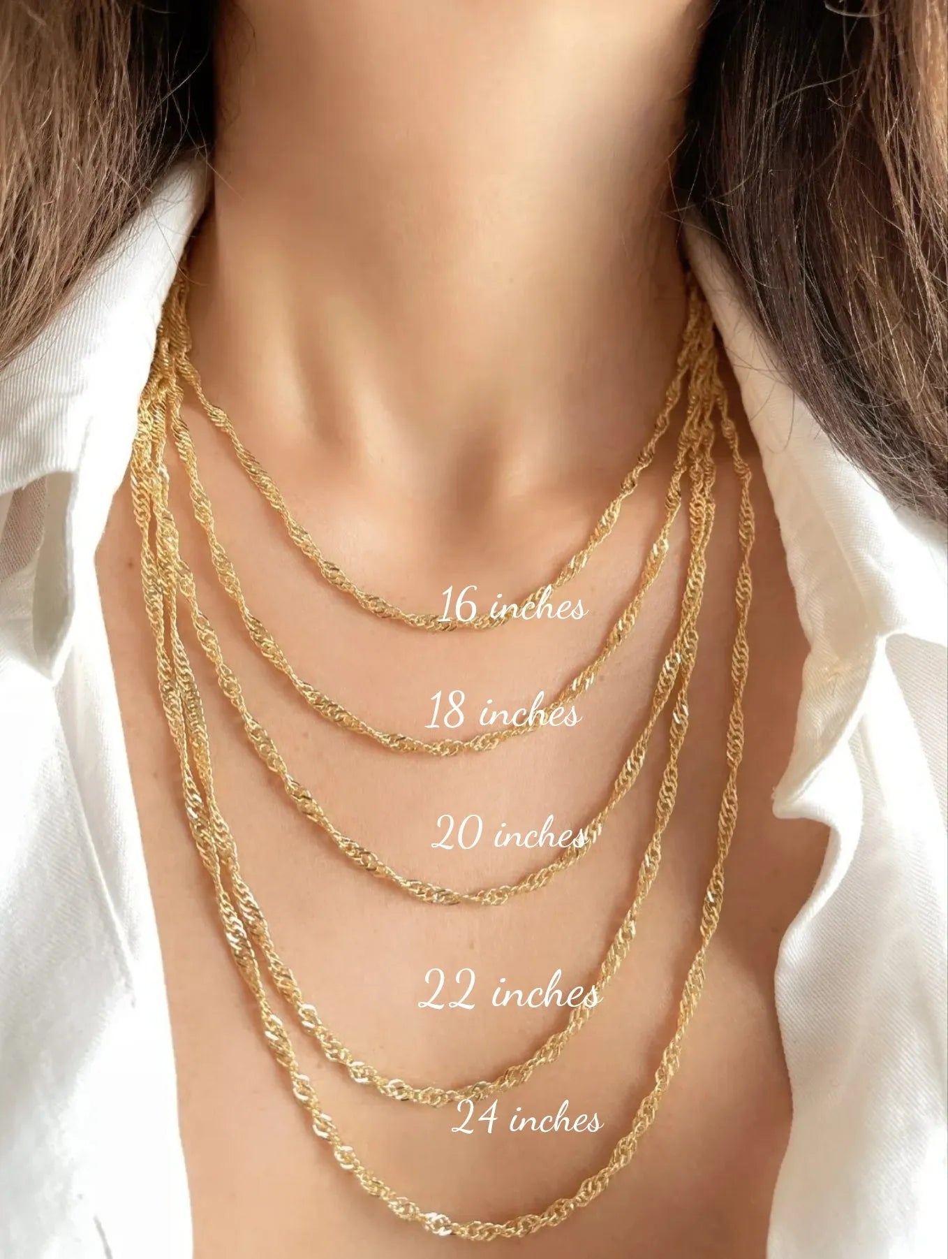 Women wearing different jewelry chain lengths, from shortest to longest: 16 Inches; 18 Inches; 20 Inches; 22 Inches; 24 Inches
