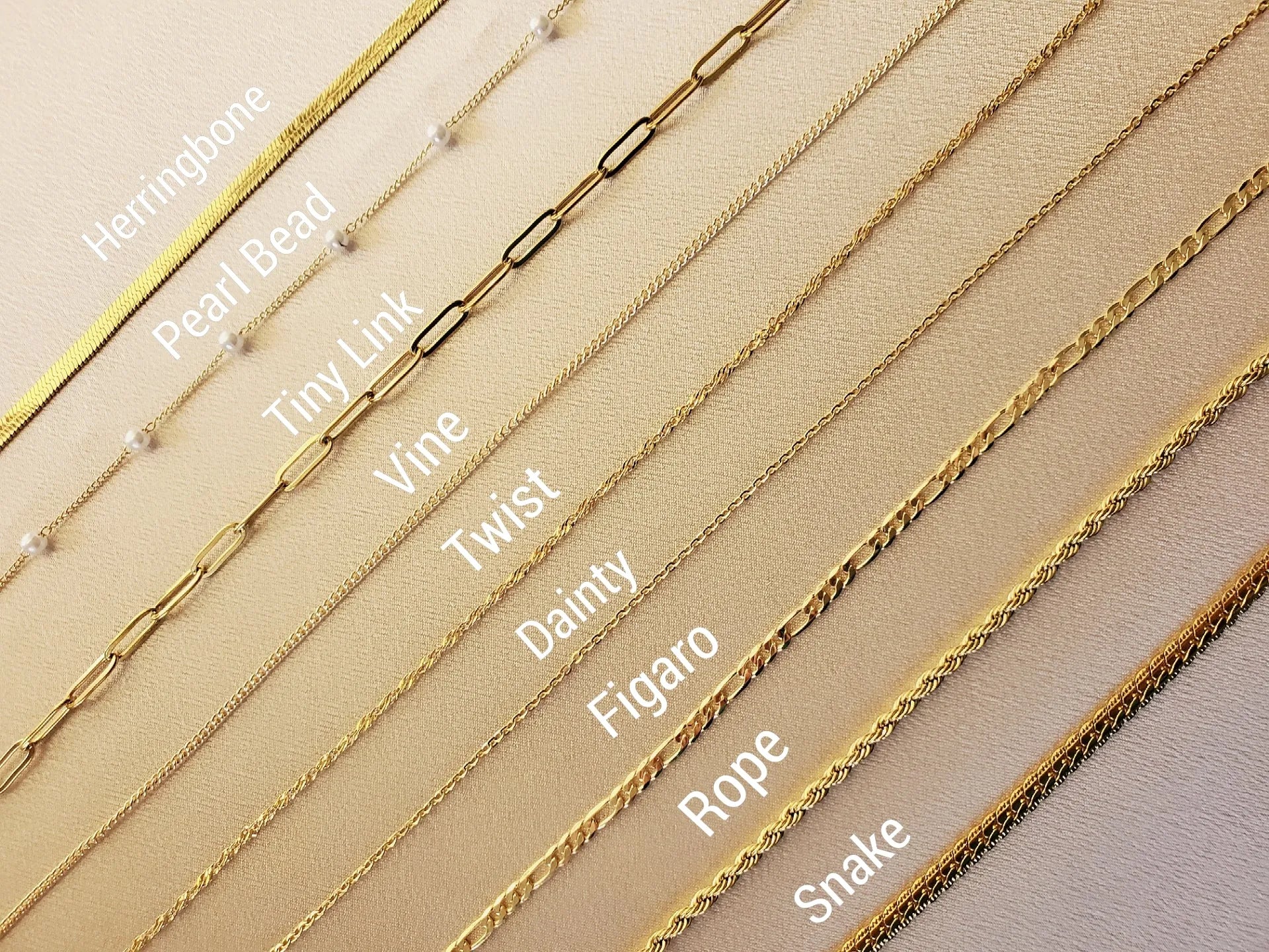 Golden Jewelry Chain Types, from top to bottom: Herringbone; Pearl Bead; Tinylink; Vine; Twist; Dainty; Figaro; Rope; Snake.