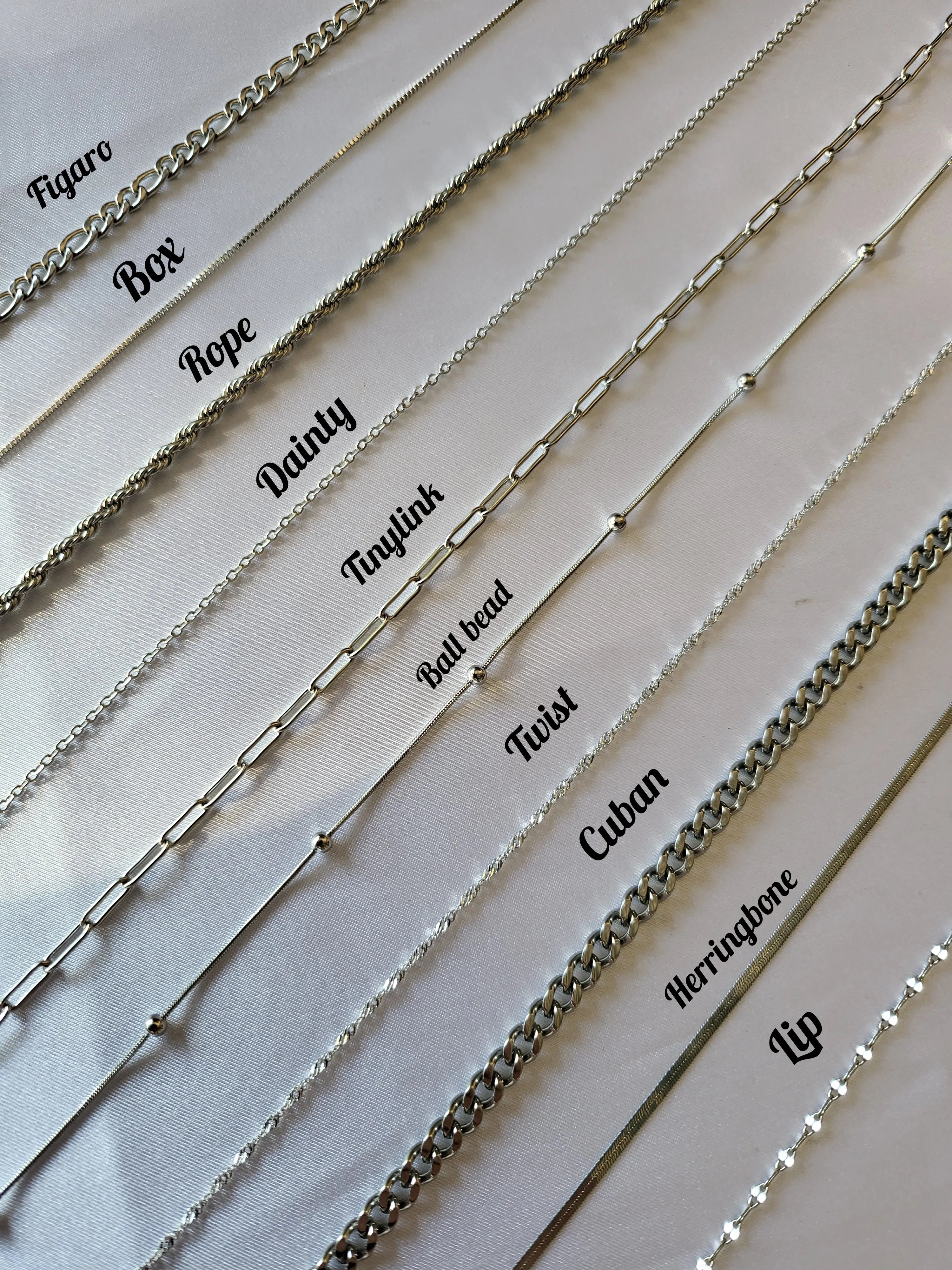 Silver Jewelry Chain Types, from top to bottom: Figaro; Box; Rope; Dainty; Tinylink; Ball Bead; Twist; Cuban; Herringbone; Lip