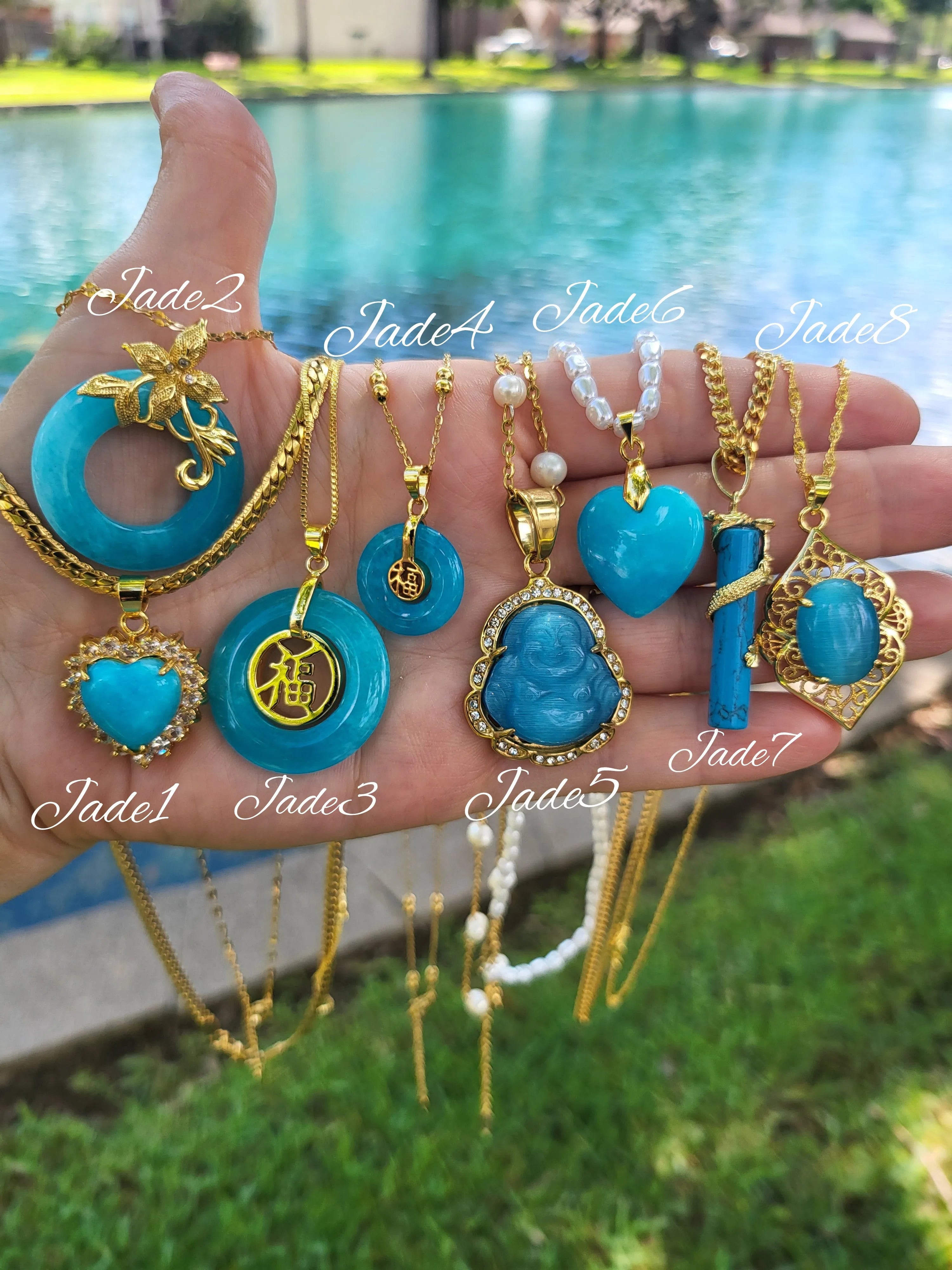 Gold Filled Blue Jade Necklace product images.