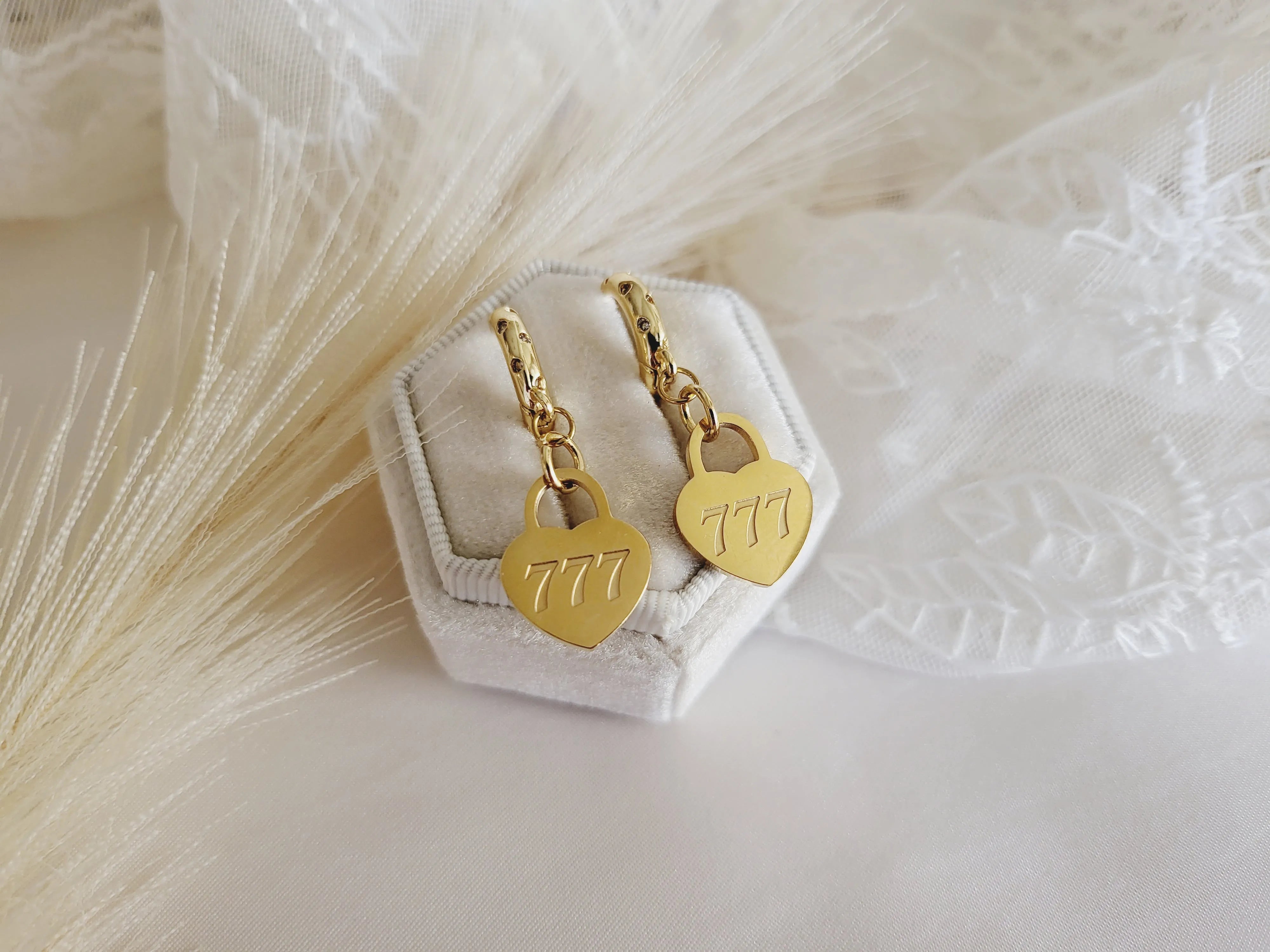 Gold Filled Heart Angel Number Earrings product images.