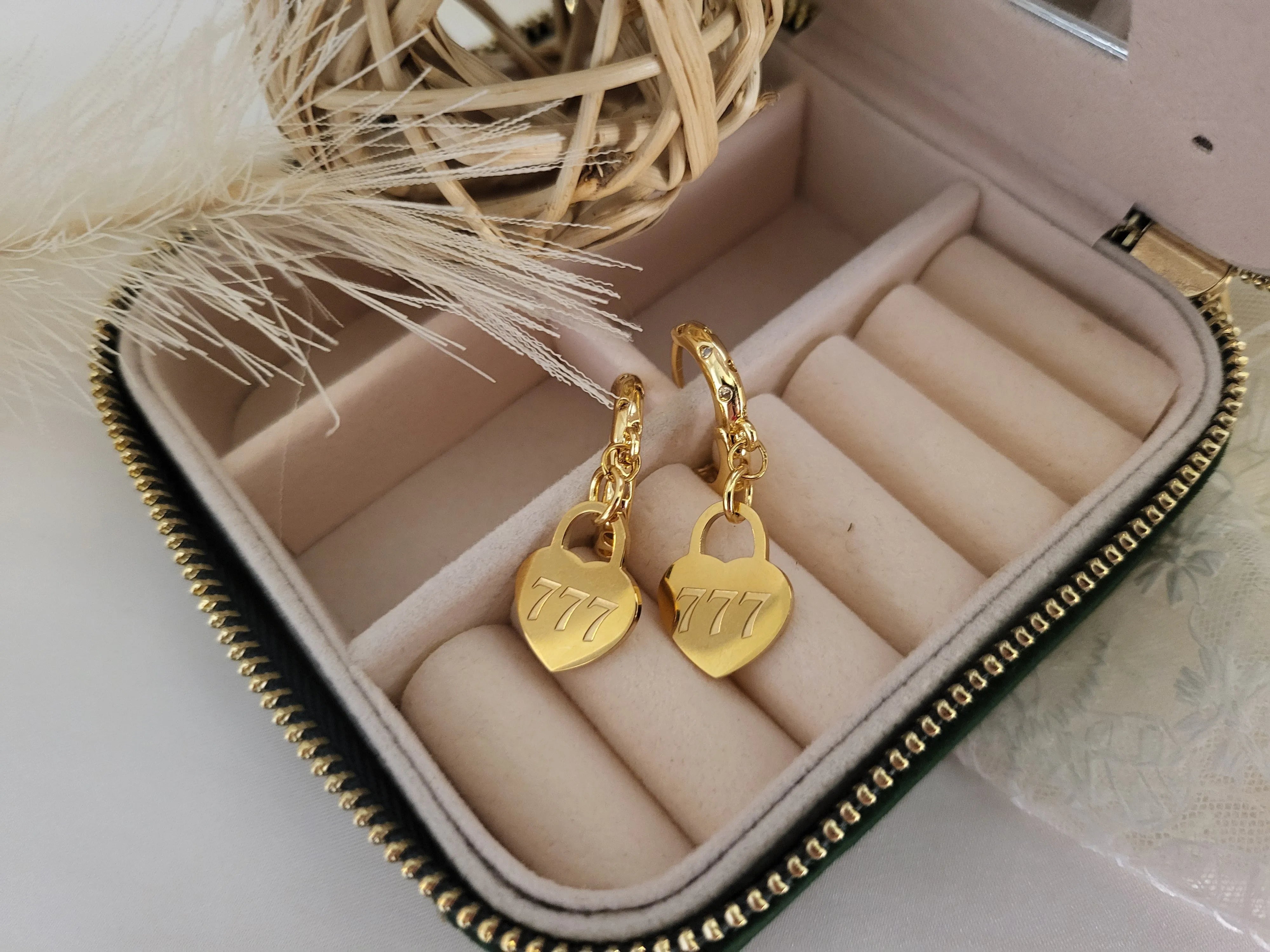 Gold Filled Heart Angel Number Earrings product images.