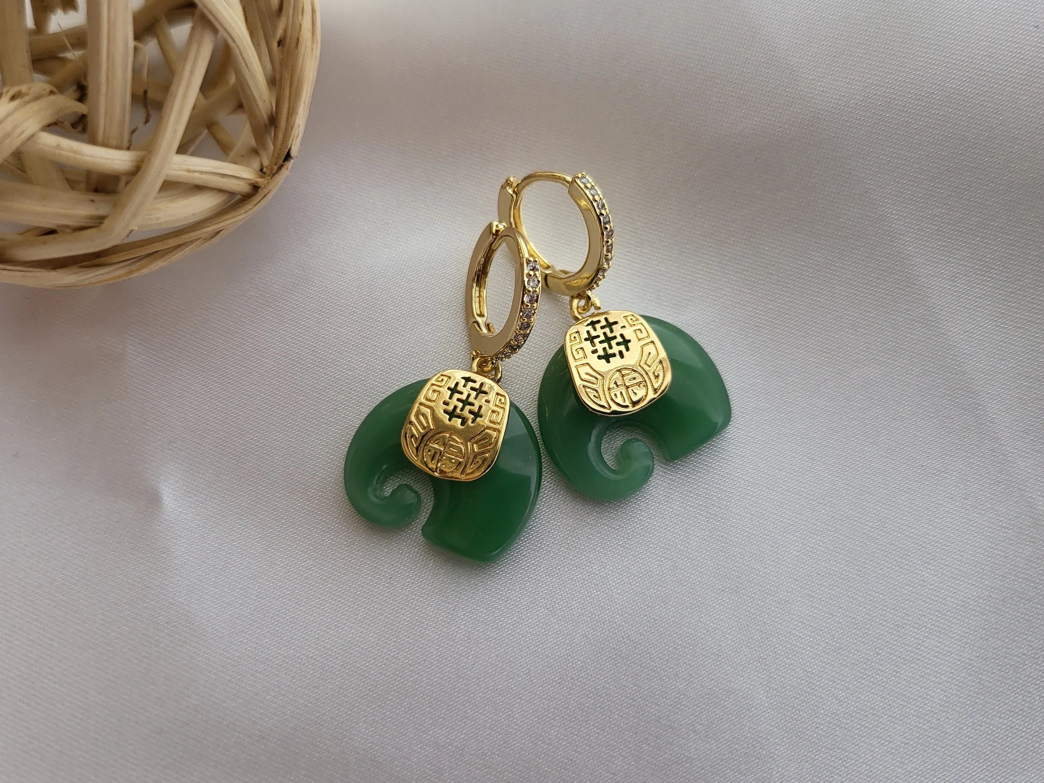 Gold Filled Jade Elephant Earrings product images.