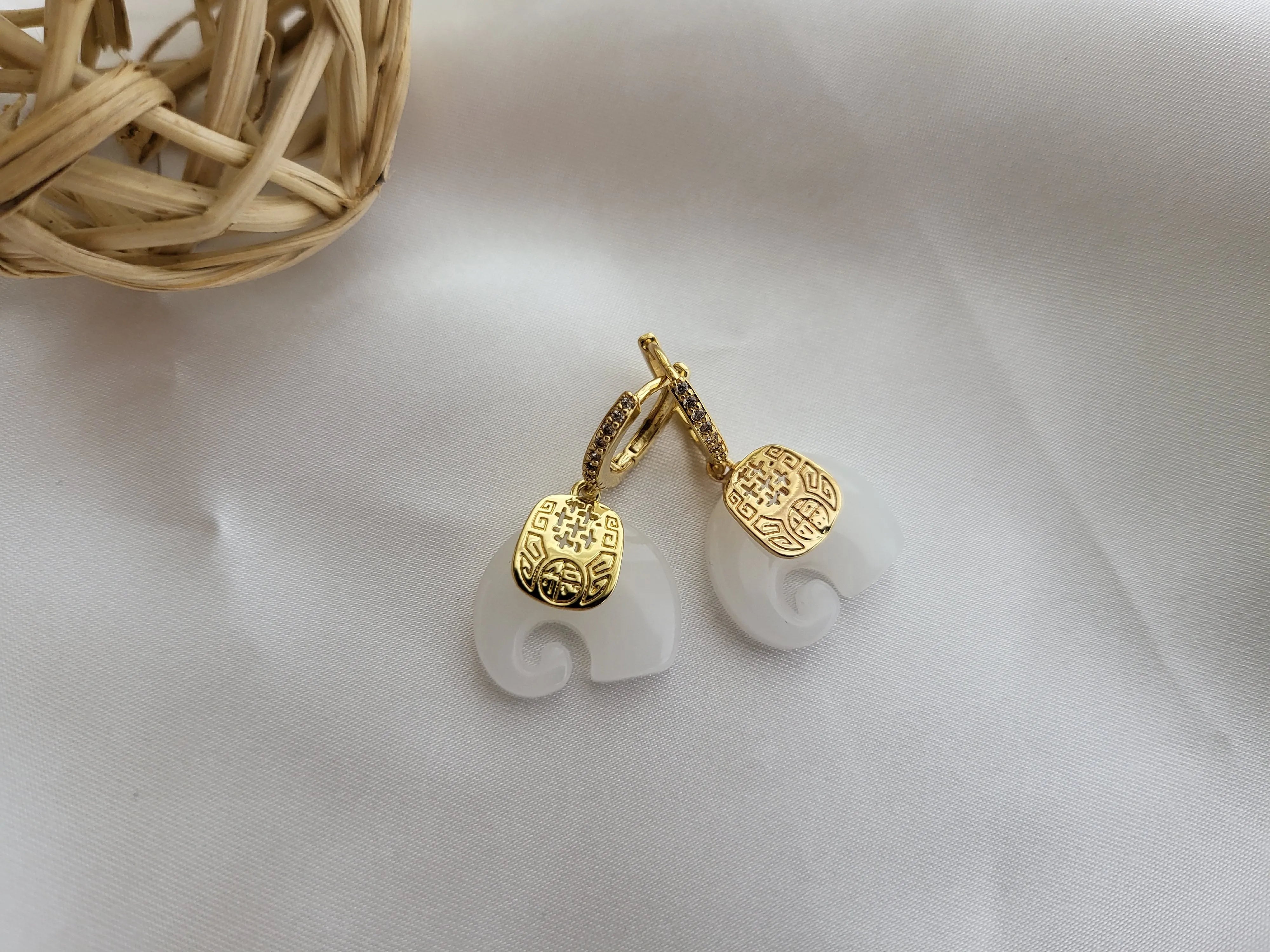 Gold Filled Jade Elephant Earrings product images.