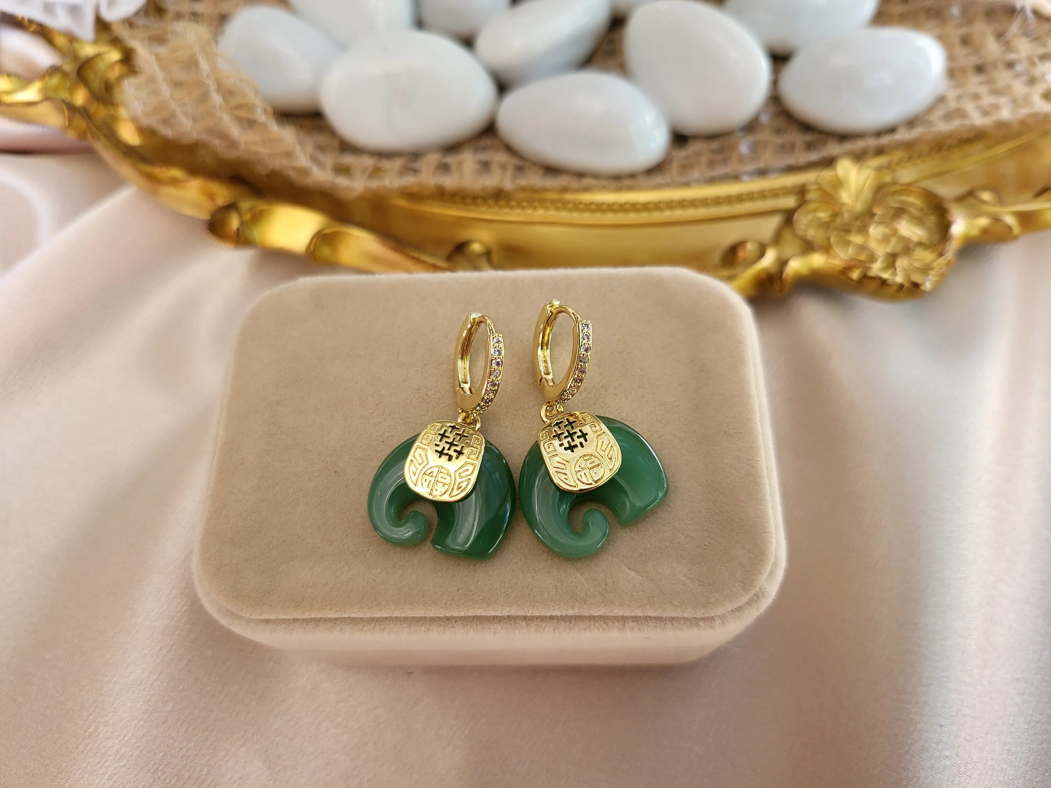 Gold Filled Jade Elephant Earrings product images.