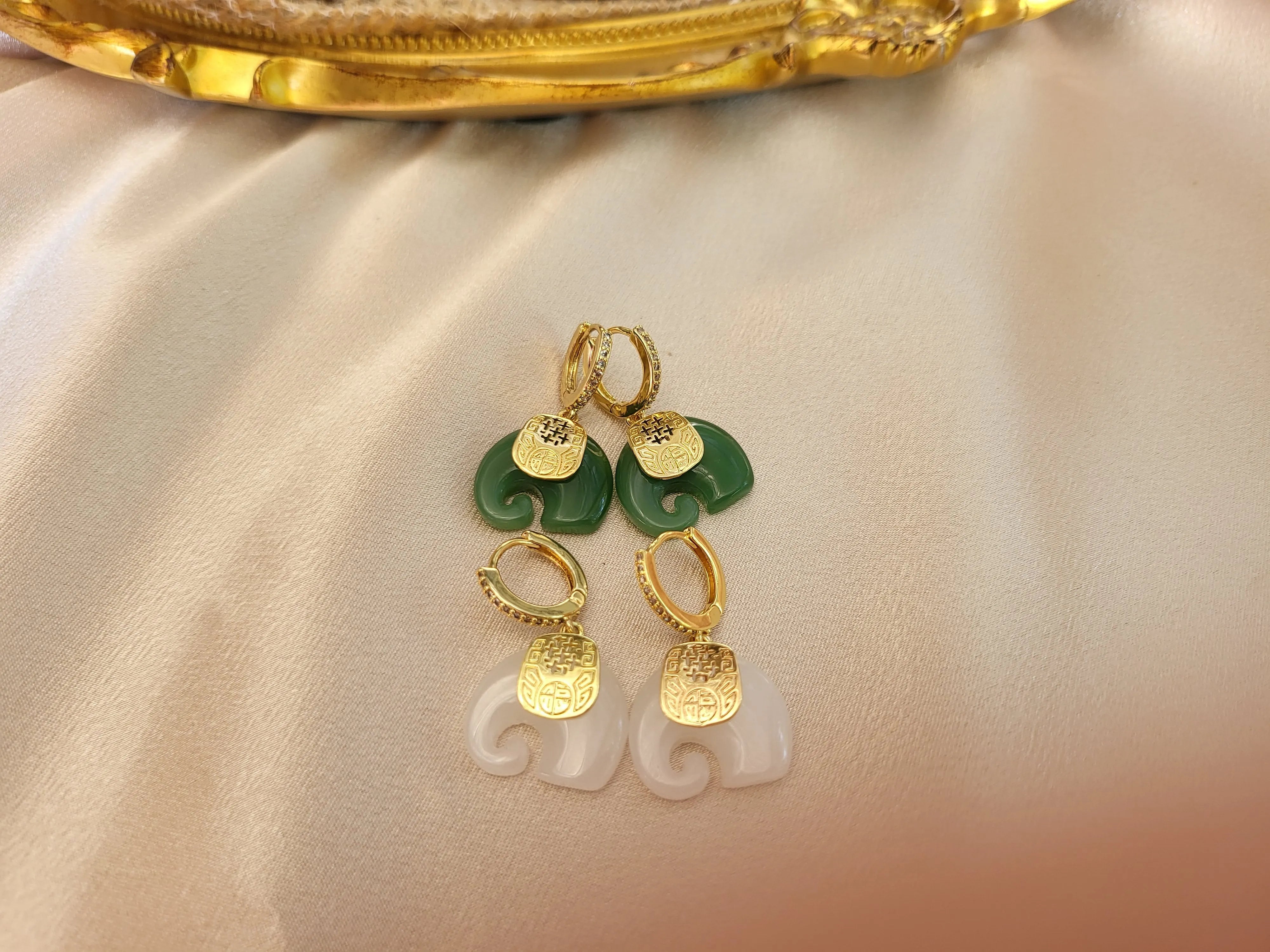 Gold Filled Jade Elephant Earrings product images.