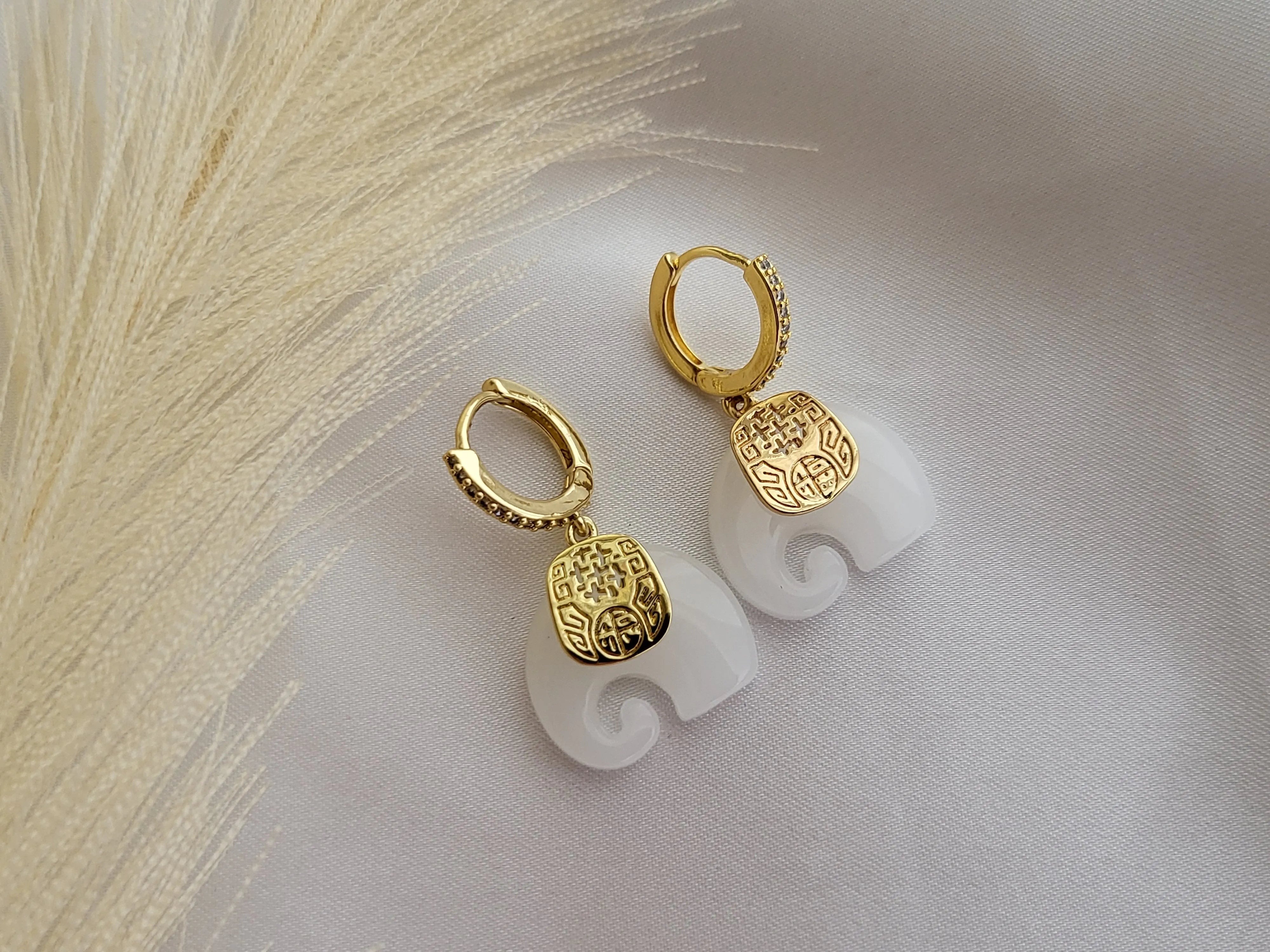 Gold Filled Jade Elephant Earrings product images.