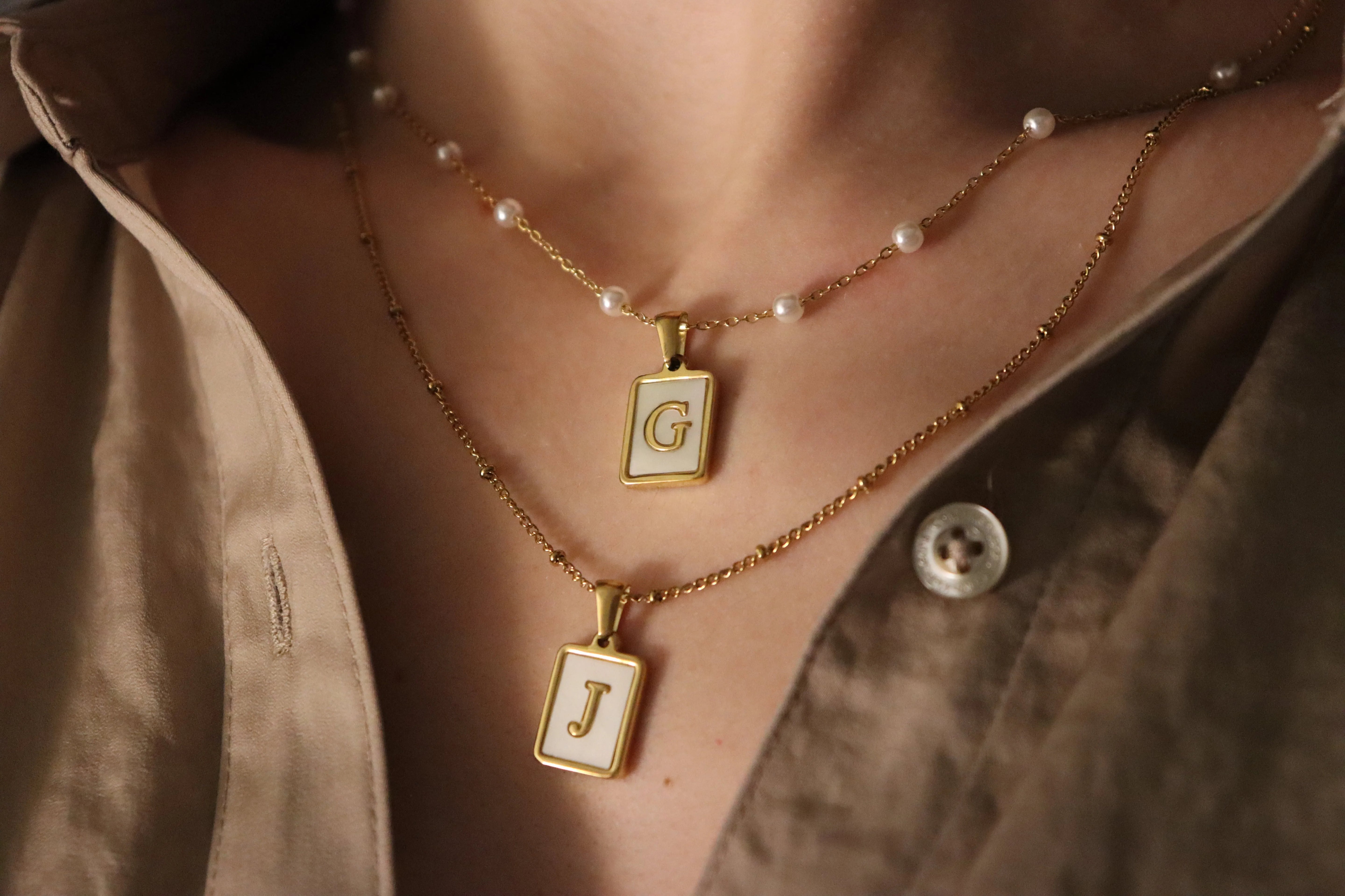 Gold Filled Mother Of Pearl Initial Necklace product images.