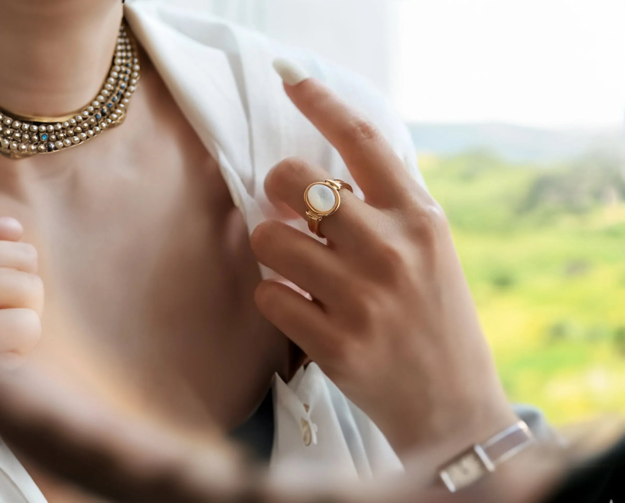 Gold Filled Natural White Pearl Ring Mother Of Pearl Signet product images.