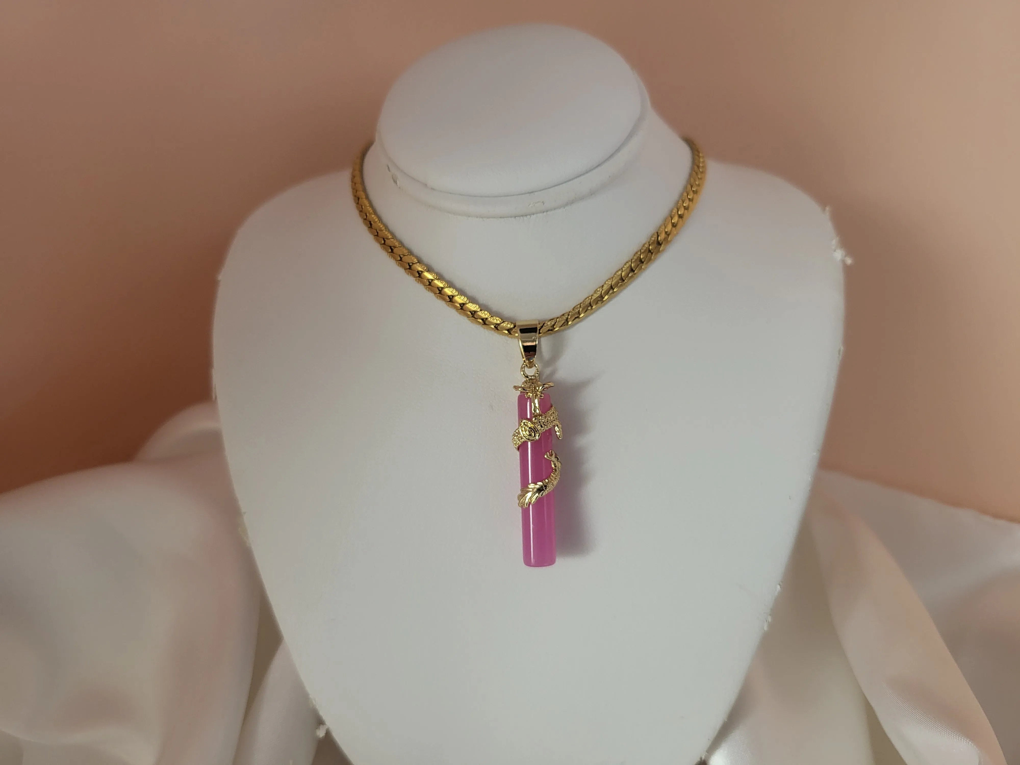 Gold Filled Pink Jade Necklace product images.