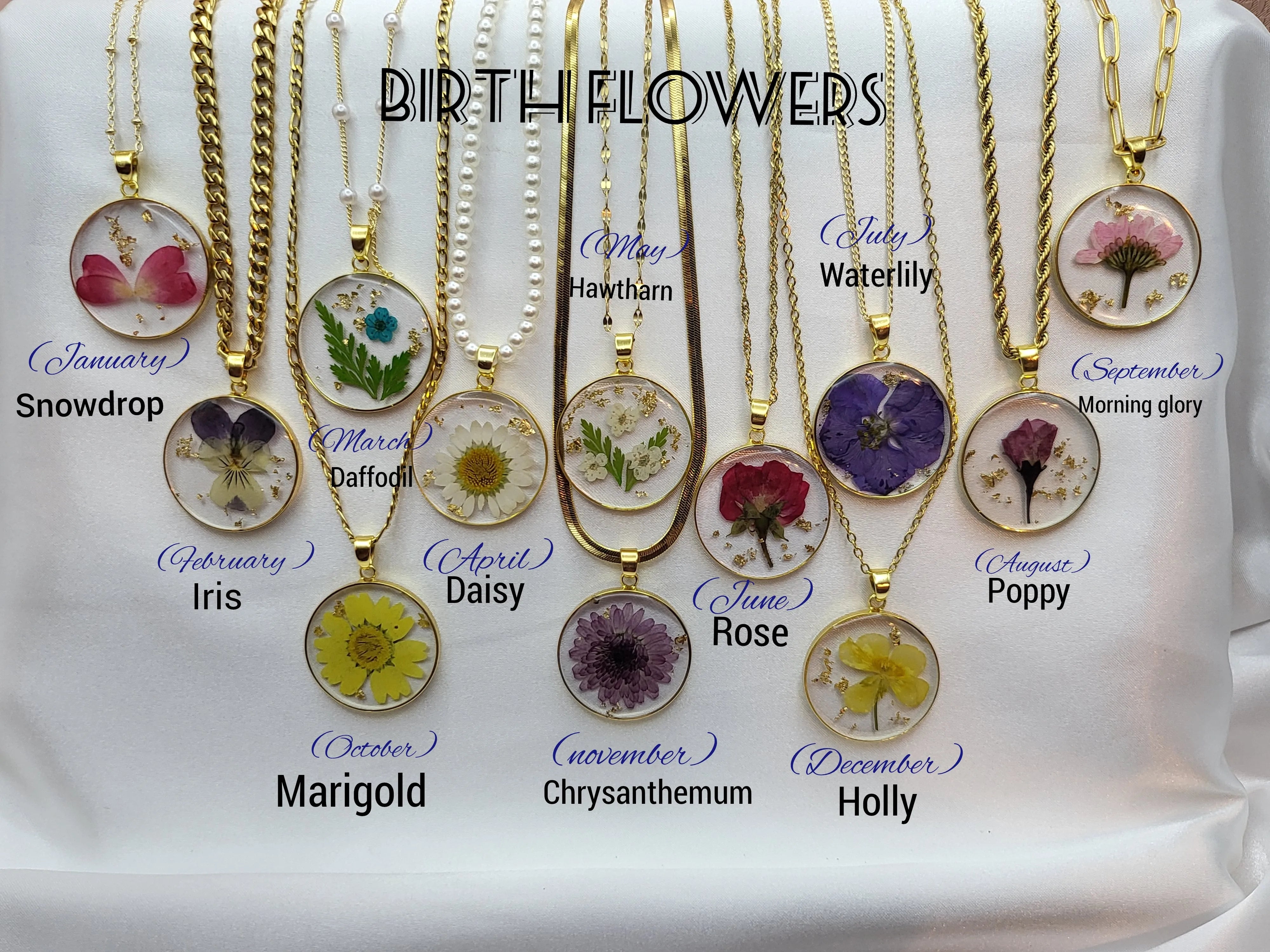 Gold Filled Real Dried Birth Month Flower Necklace product images.