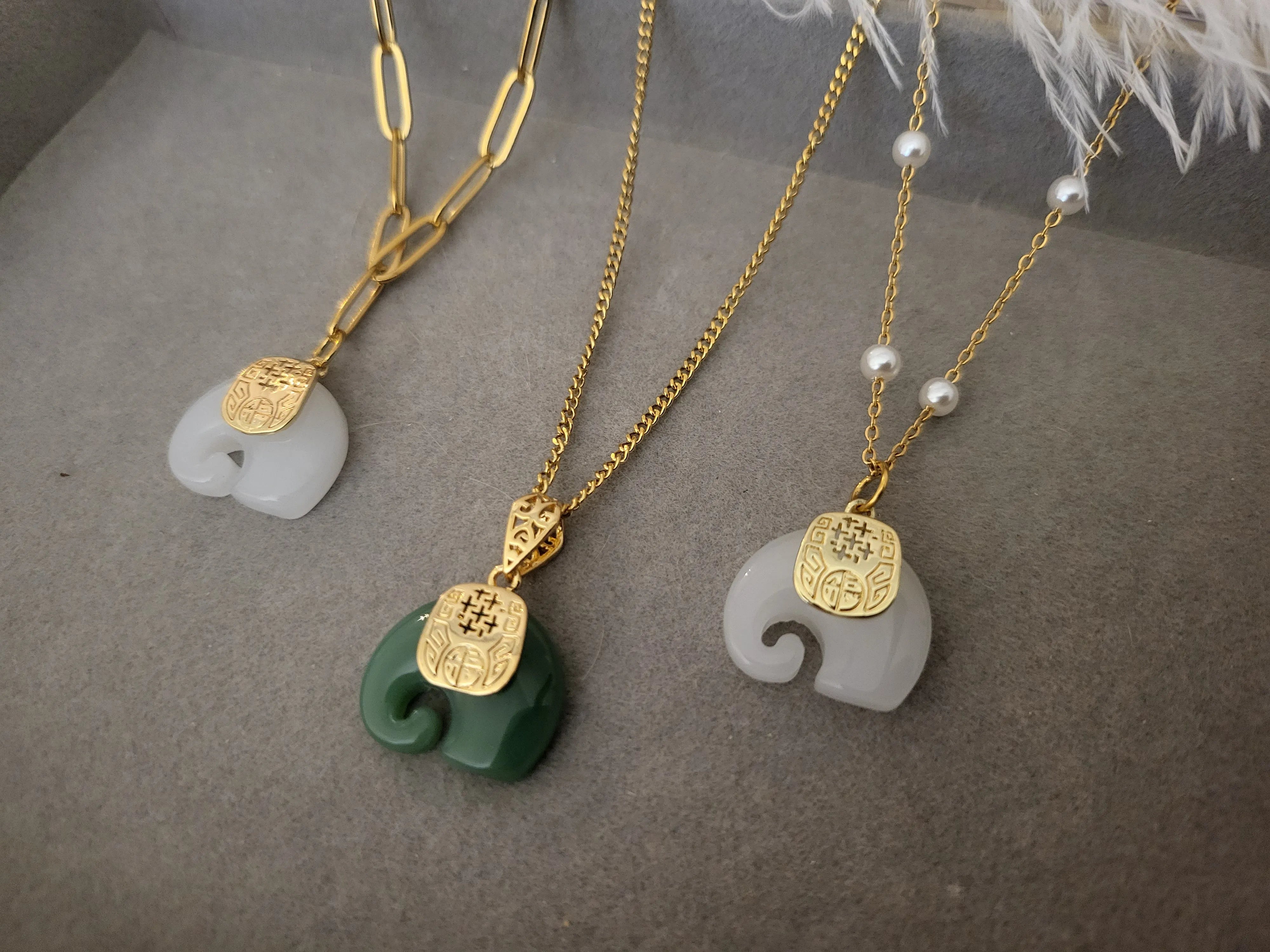 Gold Jade Elephant Necklace product images.