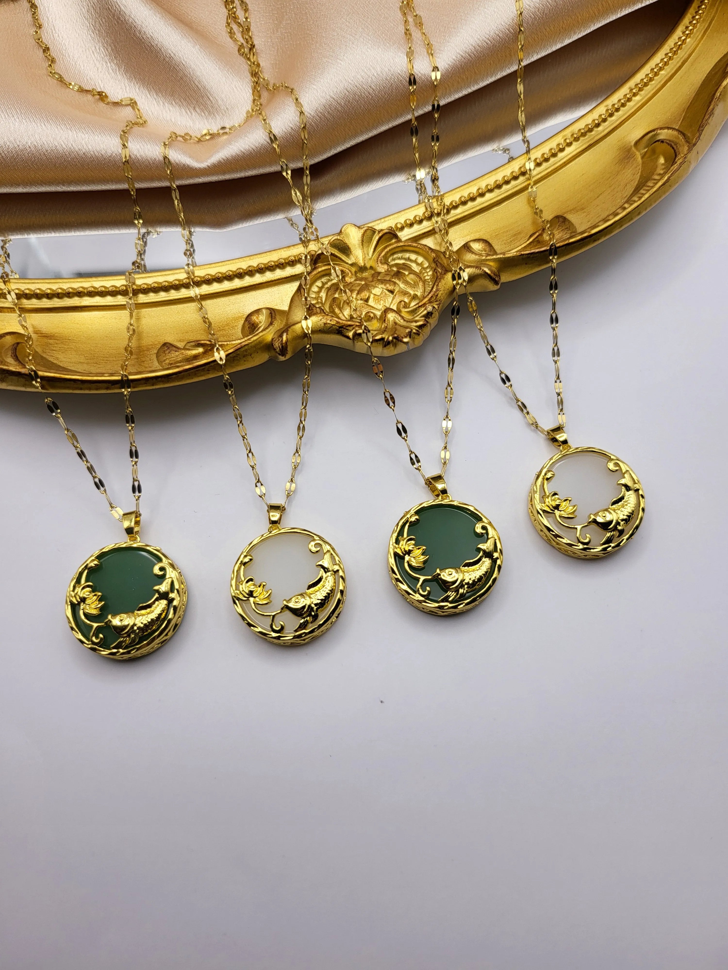 Gold Jade Fish Necklace product images.