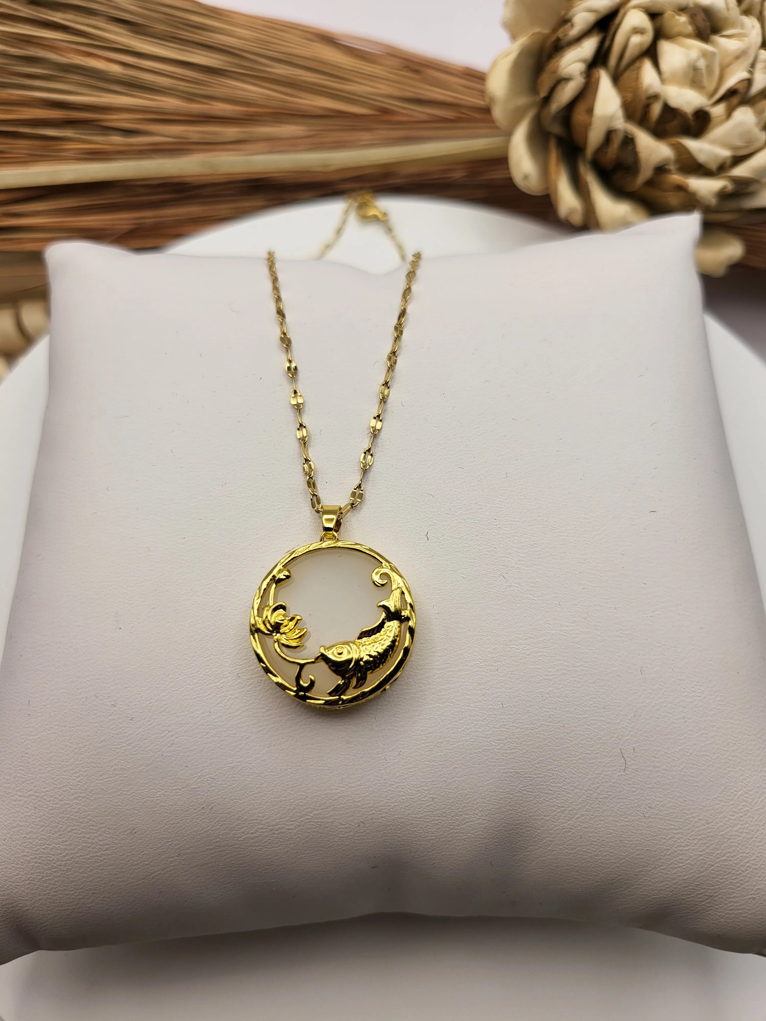 Gold Jade Fish Necklace product images.