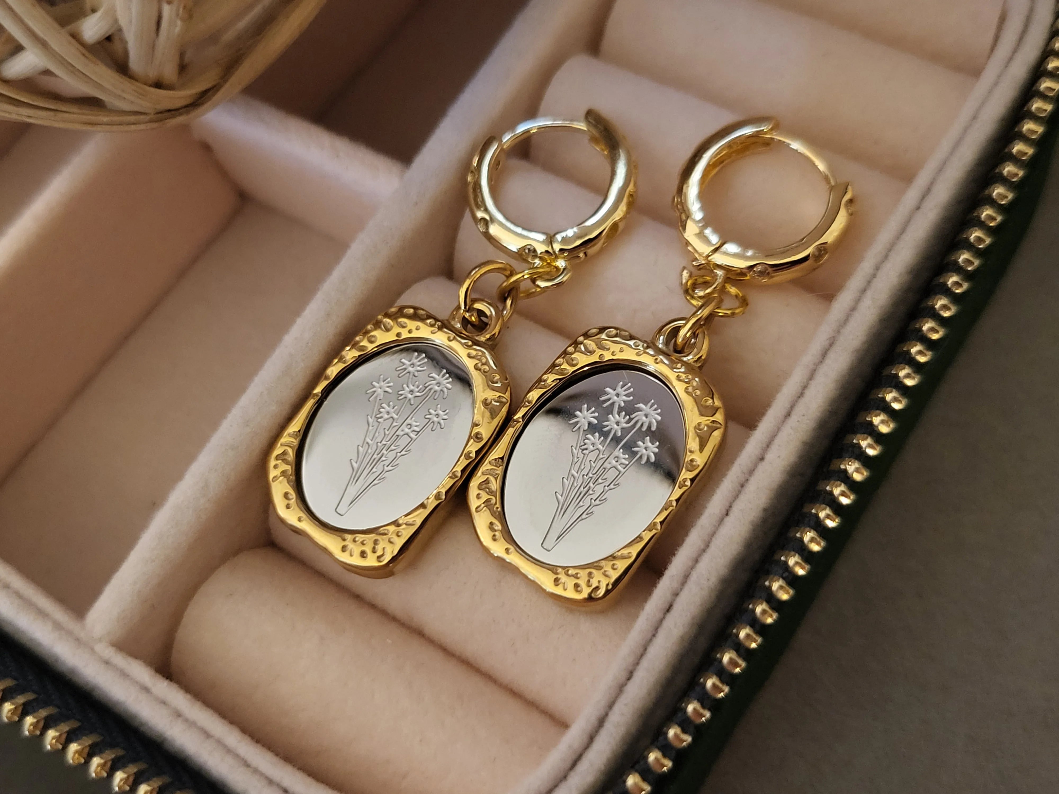 Gold Mirror Birth Month Flower Earrings product images.
