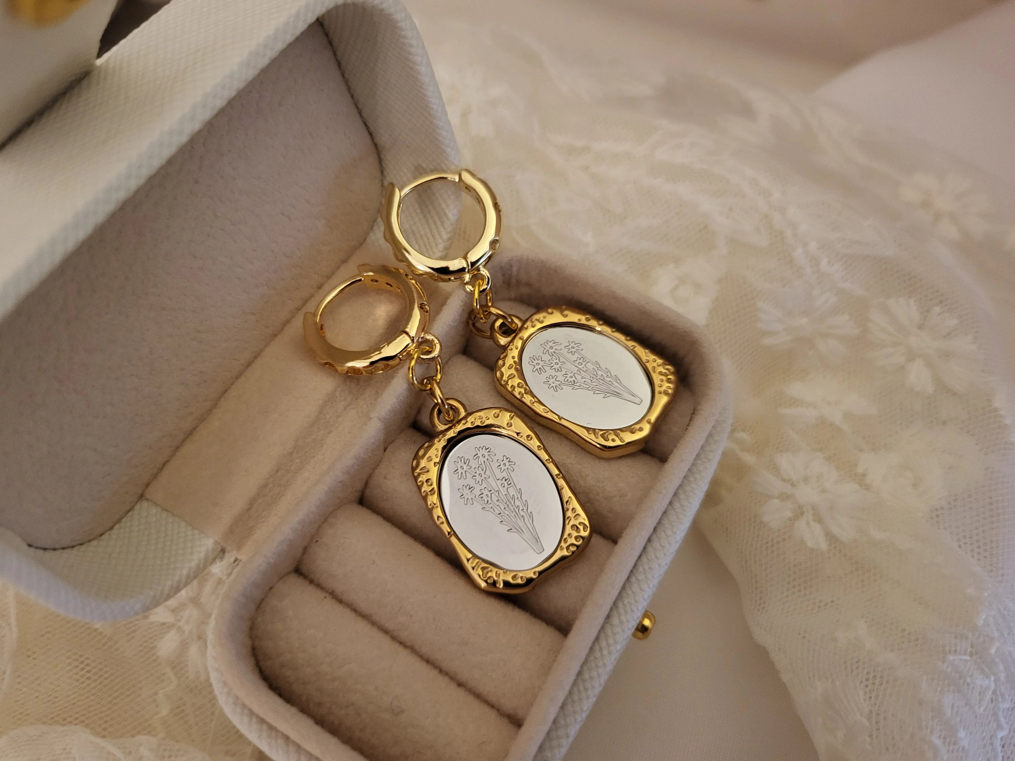 Gold Mirror Birth Month Flower Earrings product images.