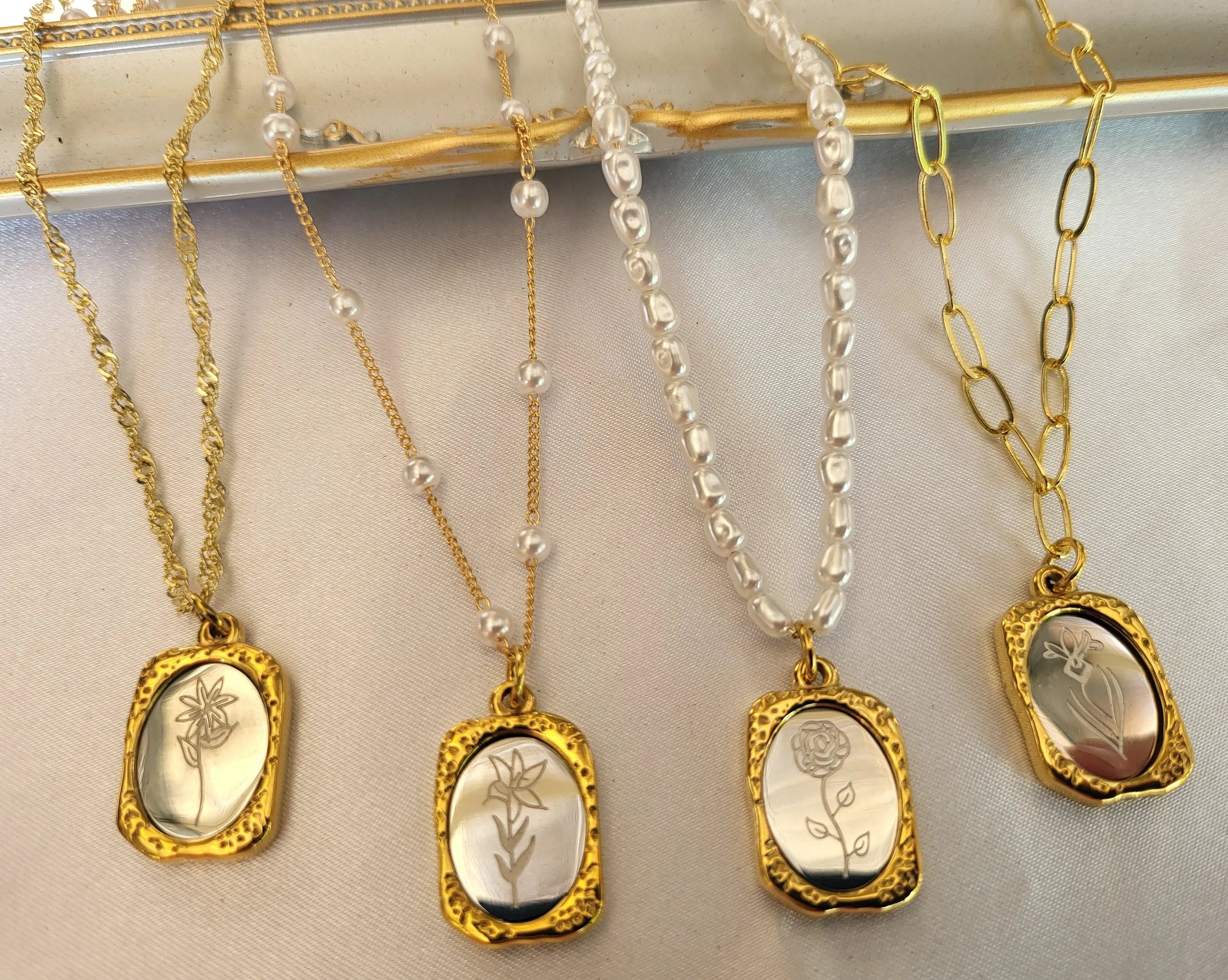 Gold Mirror Birth Month Flower Necklace product images.